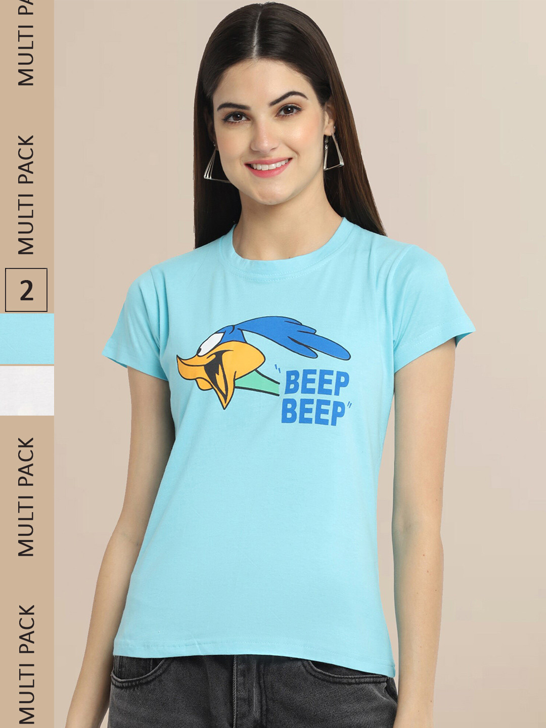Fabflee Women Blue & Off White Pack Of 2 Printed Round Neck Cotton T-shirts