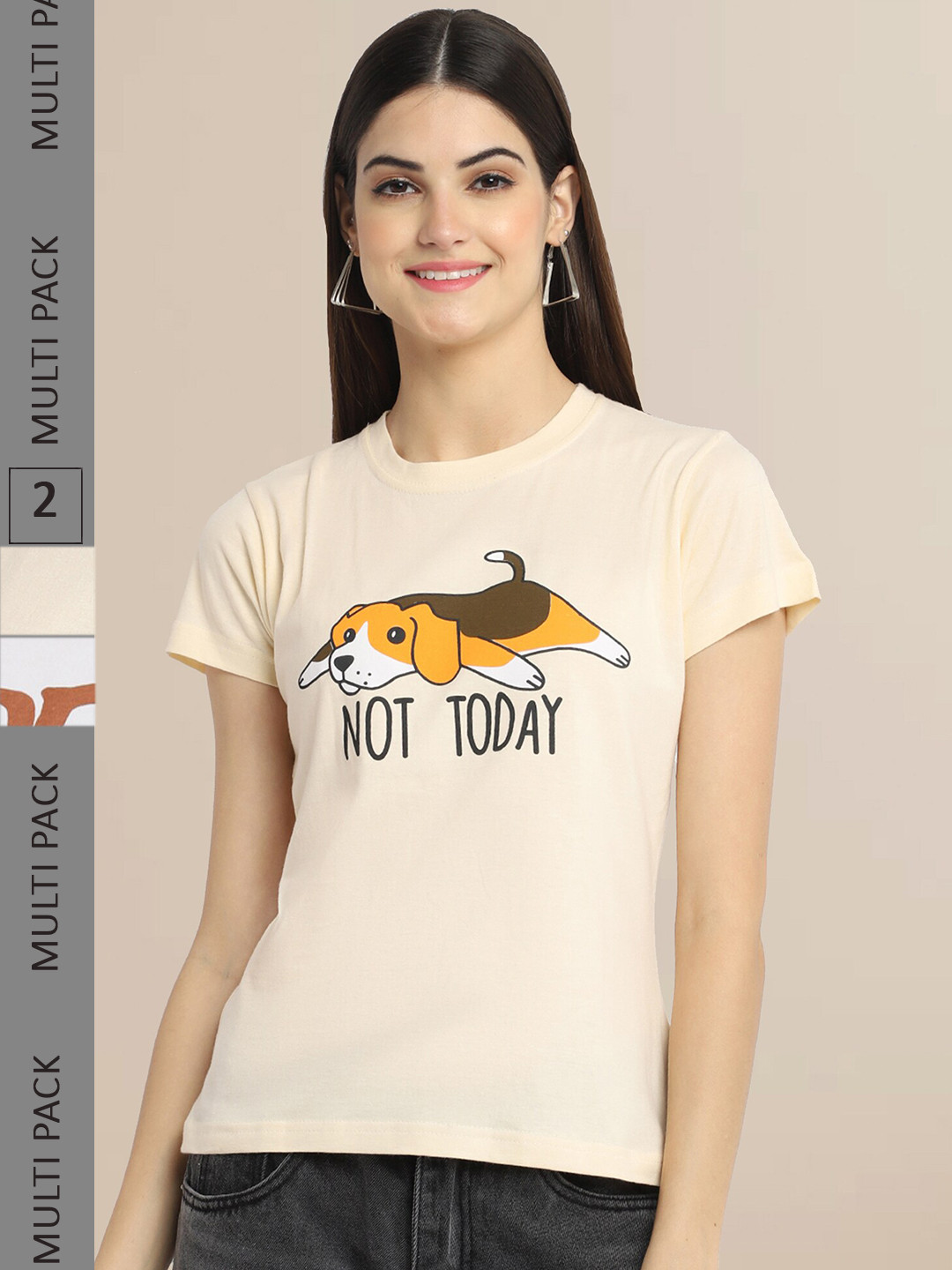 Fabflee Women Beige & White Pack of 2 Printed T-shirt