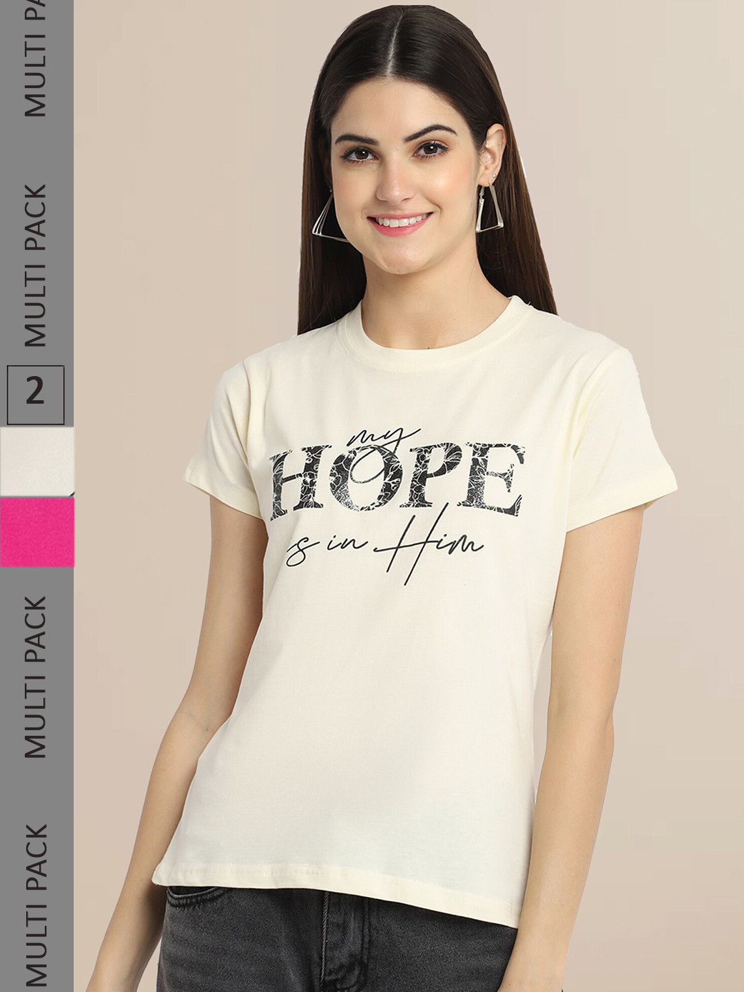 Fabflee Women Cream & Pink Typography Pack of 2 Printed Cotton T-shirt