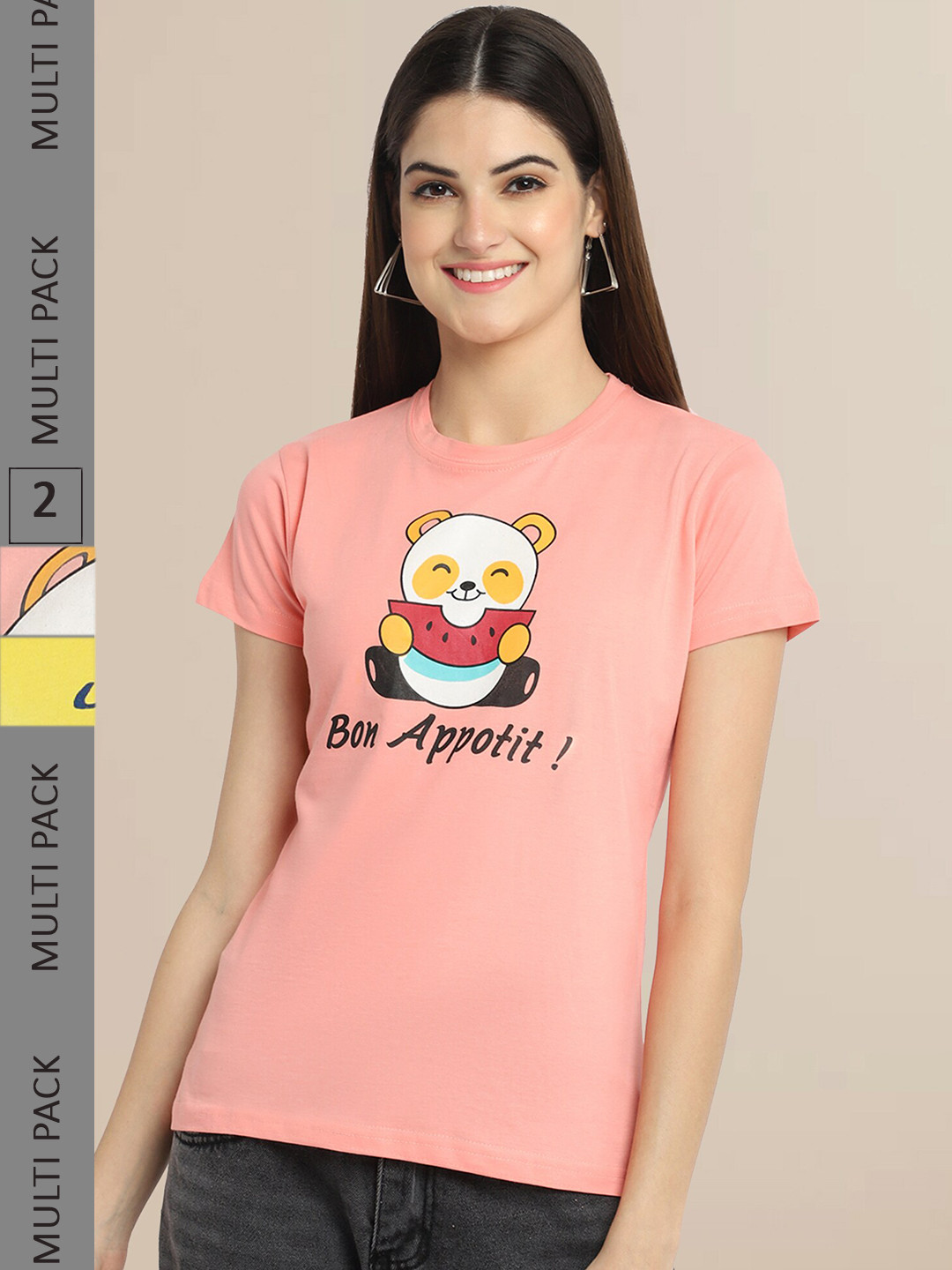 Fabflee Women Peach & Yellow Pack of 2 Typography Printed Cotton T-shirt