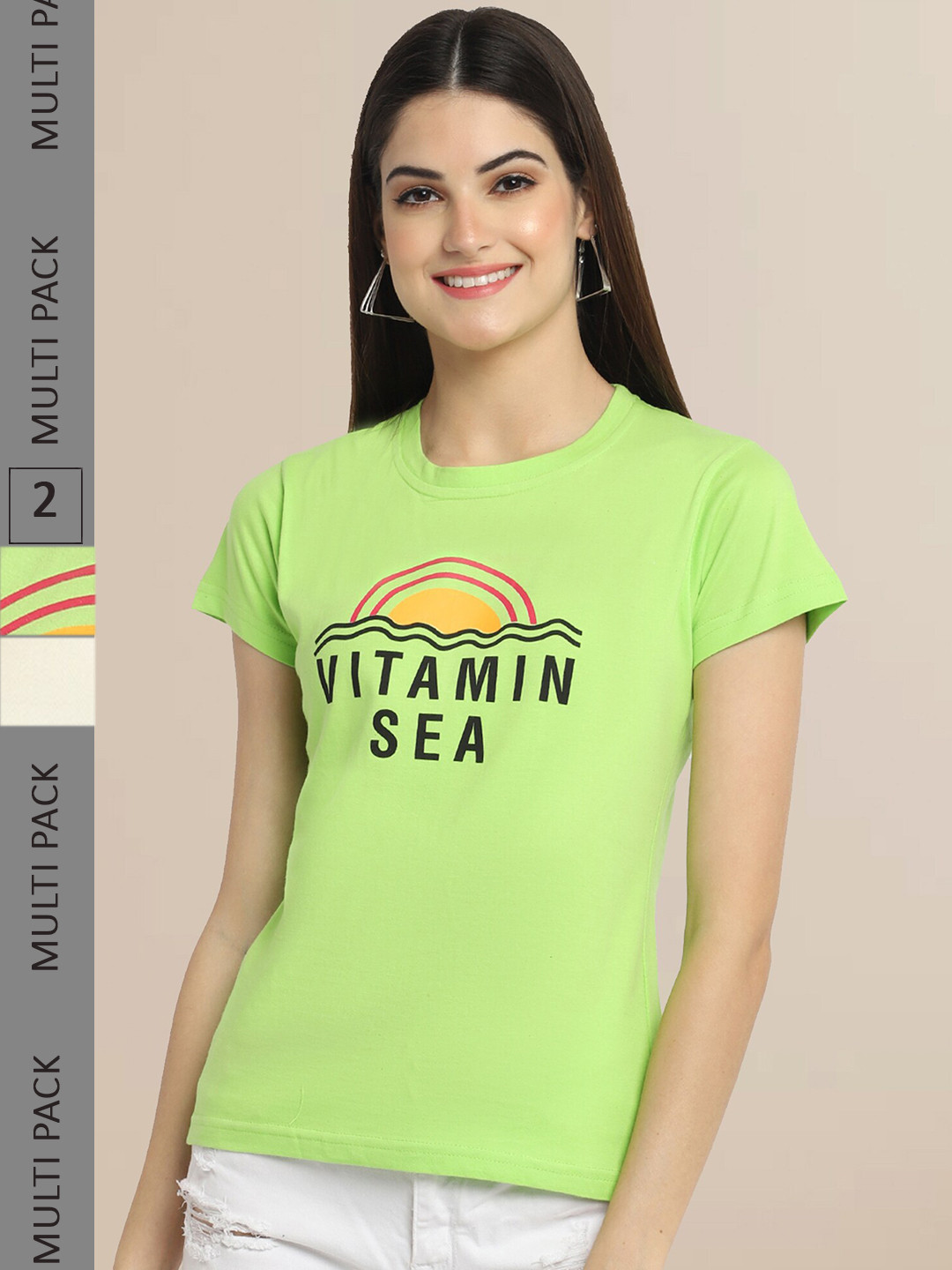 Fabflee Women Sea Green & Off White Pack of 2 Typography Printed Cotton T-shirt