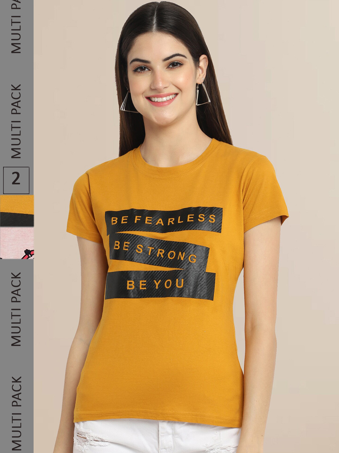 Fabflee Women Mustard Yellow & Off White Pack of 2 Typography Printed Cotton  T-shirt