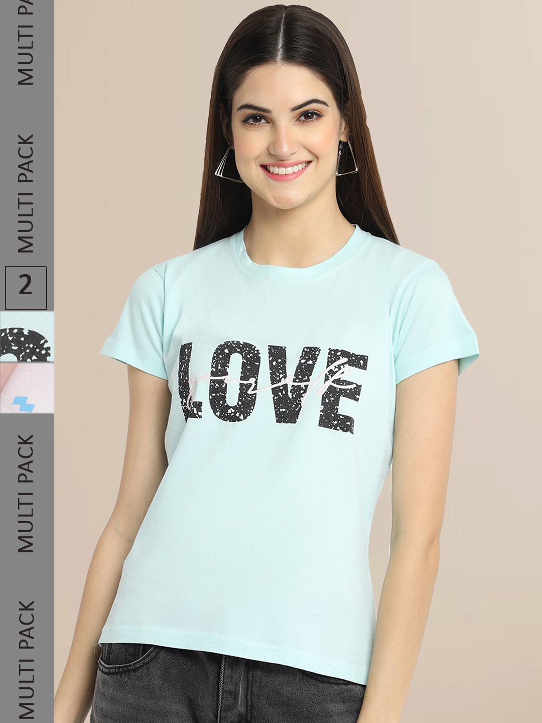 Fabflee Women Blue & White Pack of 2 Typograph  Printed Cotton T-shirts