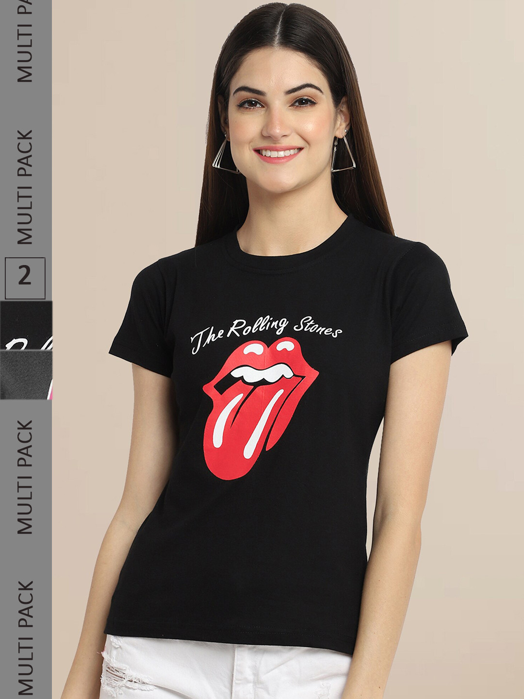 Fabflee Women Black Pack Of 2 Typography Print Cotton T-shirt