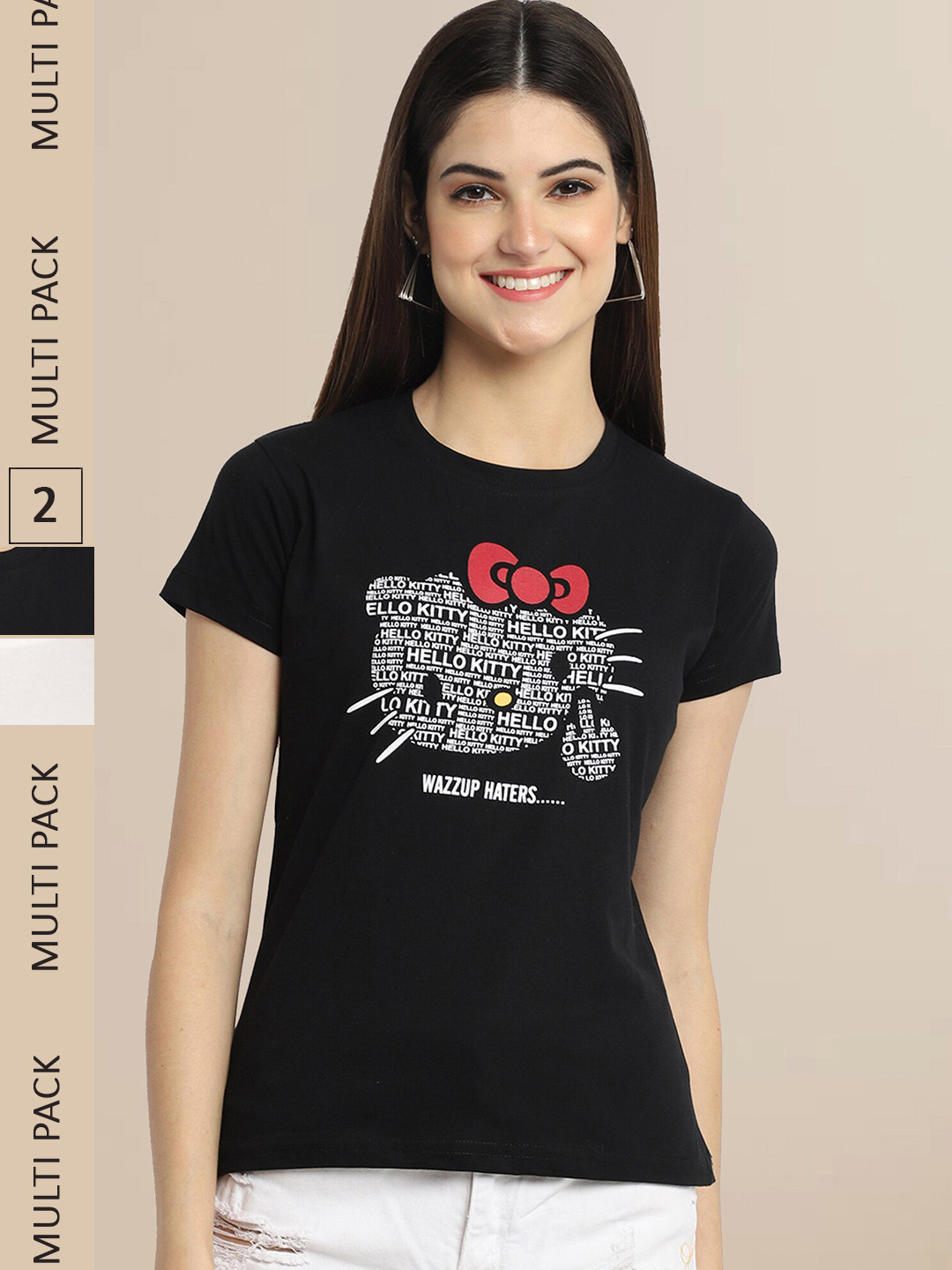 Fabflee Women Black & White Pack Of 2 Printed Cotton T-shirt