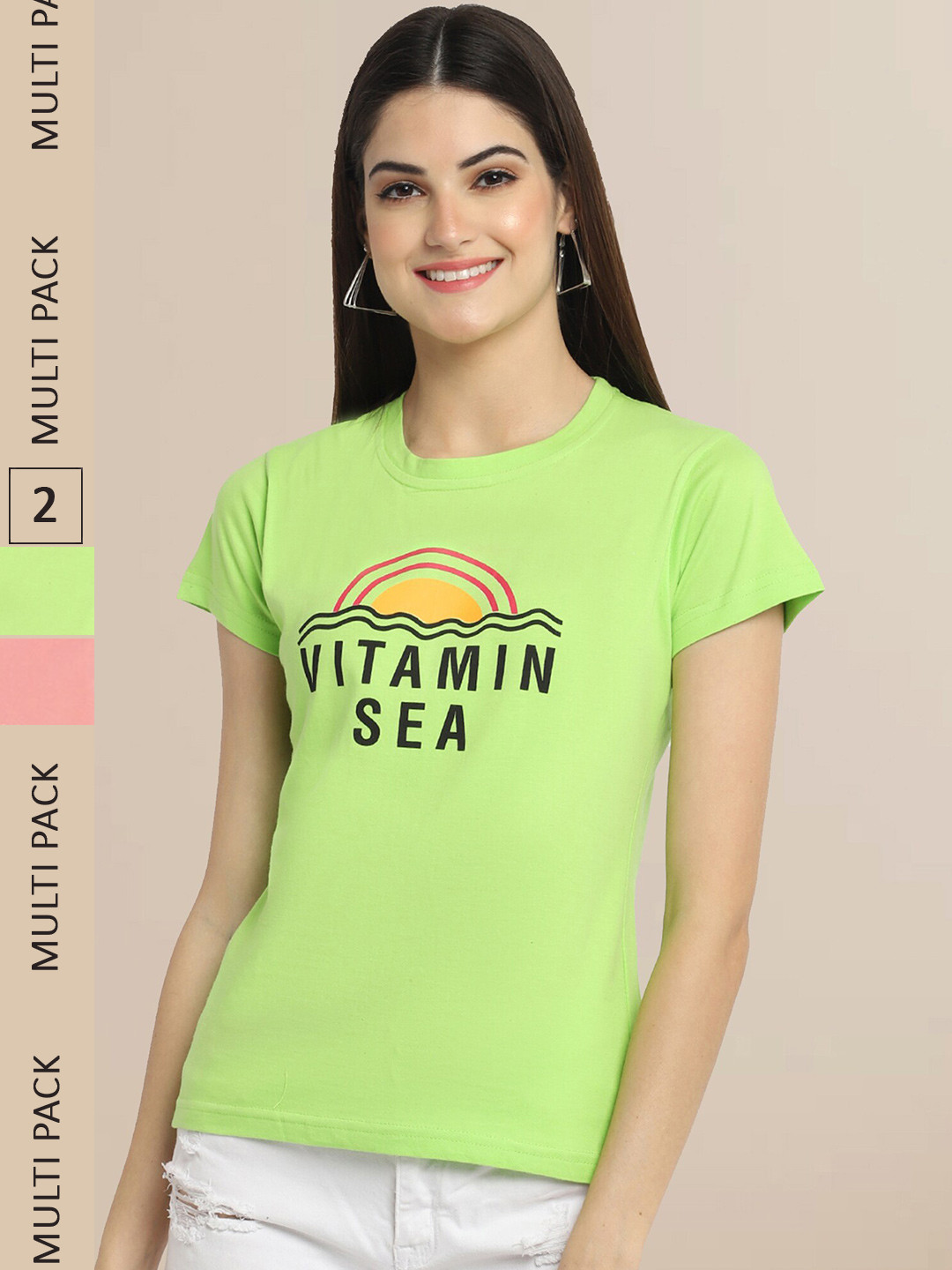 Fabflee Women Fluorescent Green & Peach-Coloured Pack Of 2 Printed Cotton T-shirt