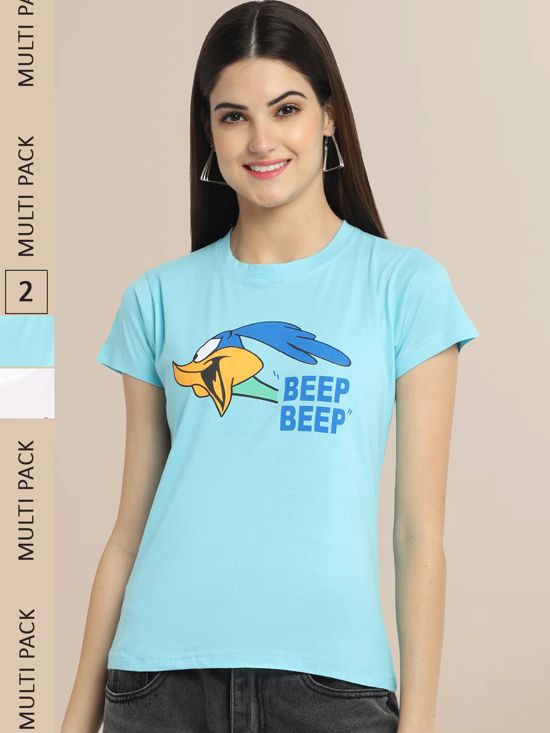 Fabflee Women Pack of 2 Blue & Off White Printed Cotton T-shirt