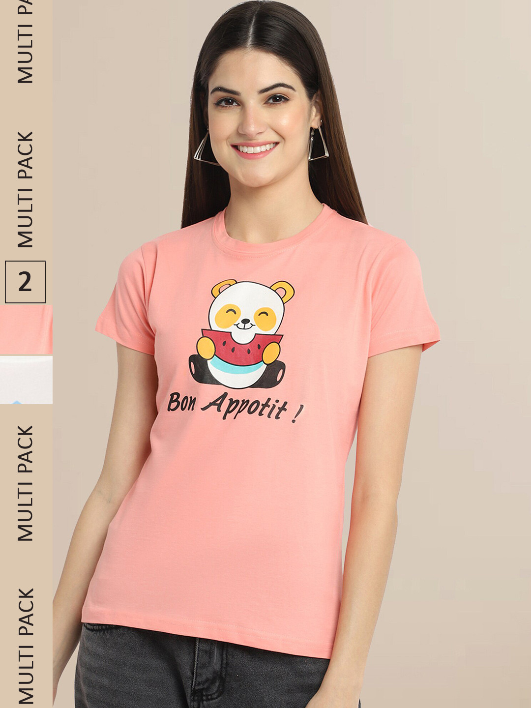 Fabflee Women Pack of 2 Peach-Coloured & Off White Printed Cotton T-shirt