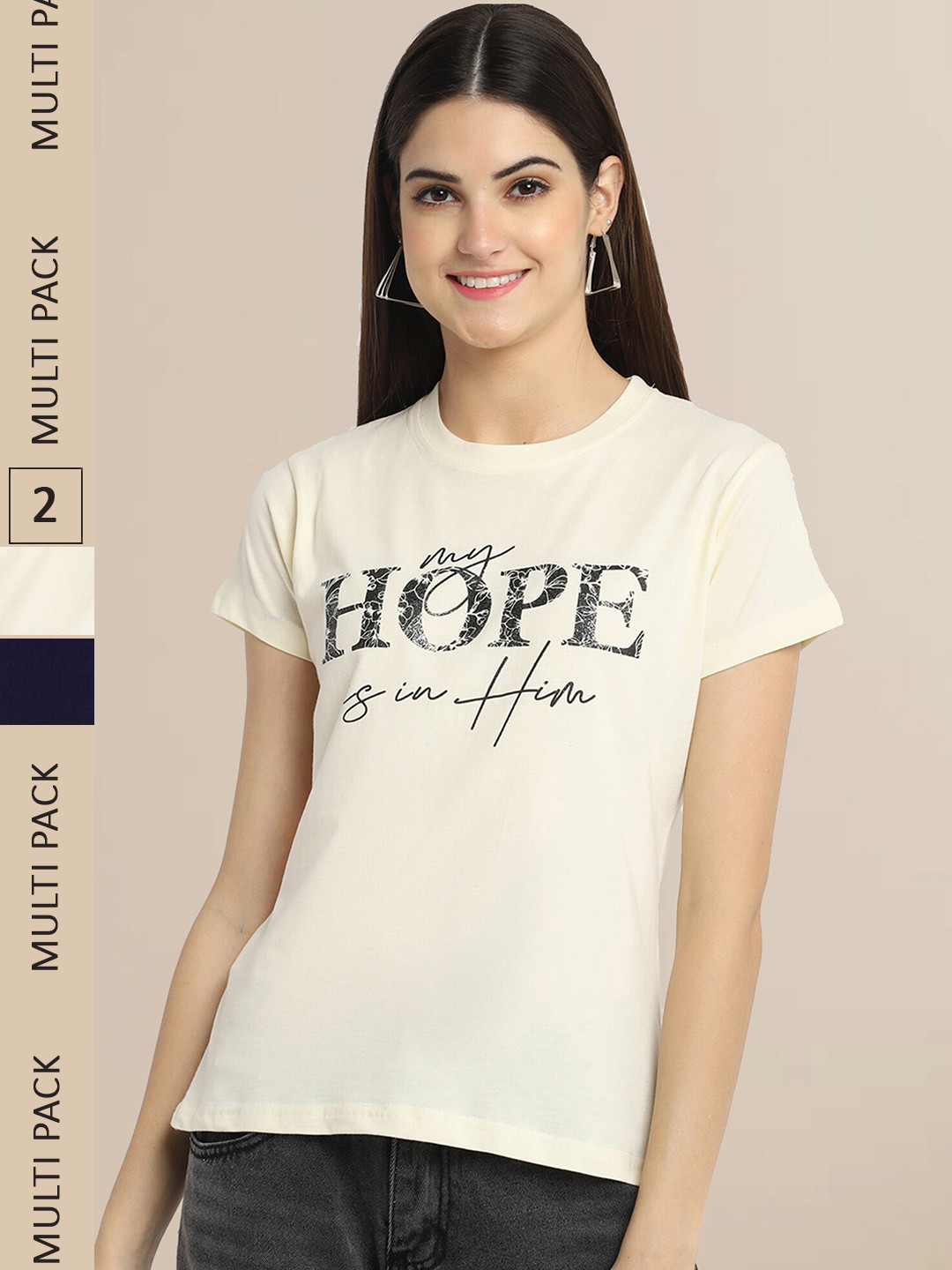 Fabflee Women Pack Of 2 Off White & Navy Blue Typography Printed Cotton T-shirts