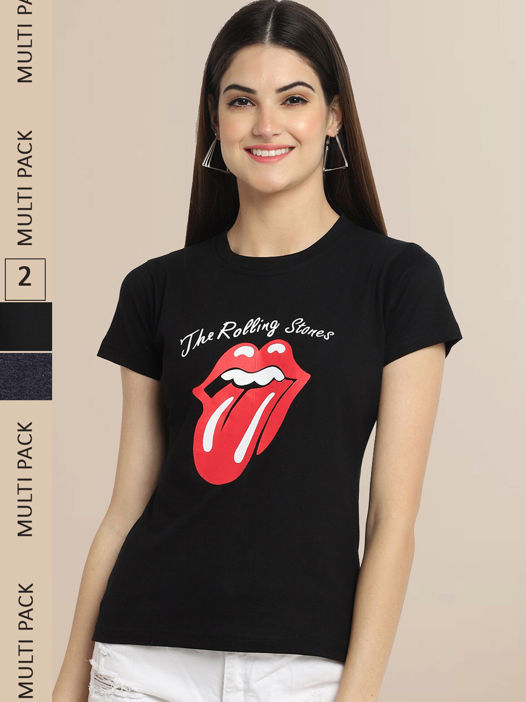 Fabflee Women Pack Of 2 Black & Charcoal Printed Cotton T-shirts