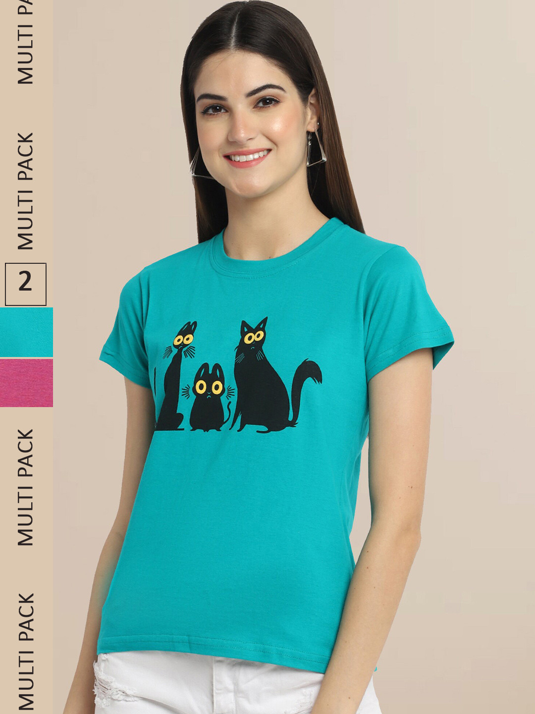 Fabflee Women Pack Of 2 Teal & Pink Printed Cotton T-shirts