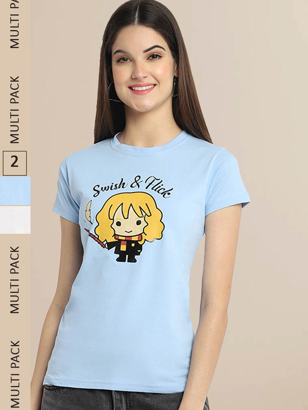 Fabflee Women Pack Of 2 Blue & Off White Printed Cotton T-shirts