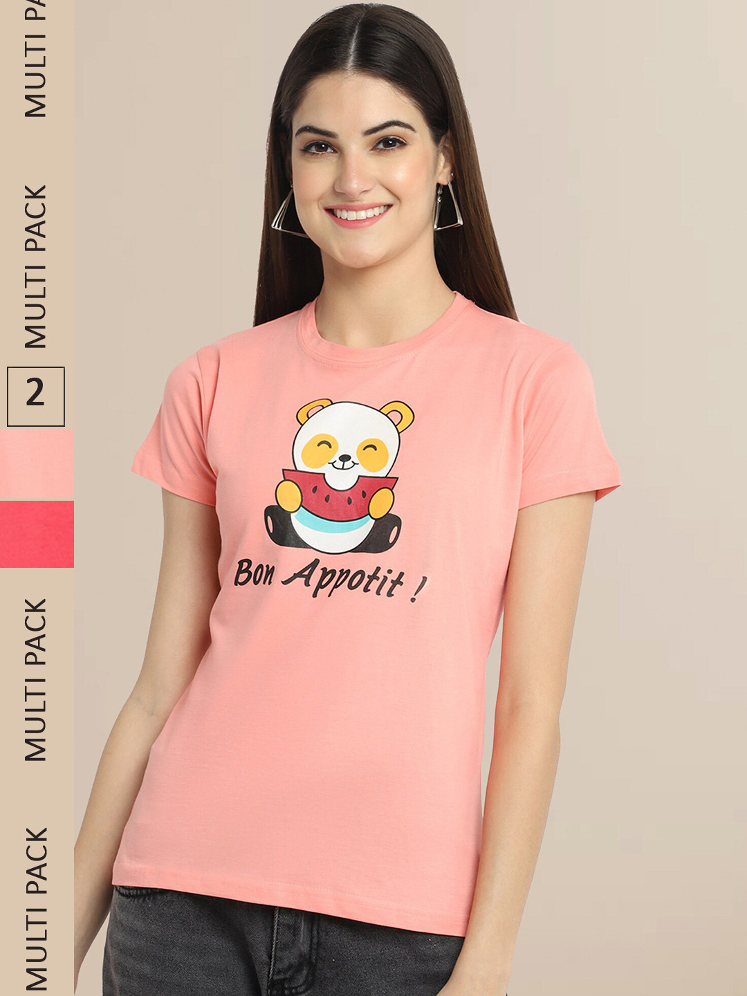 Fabflee Women Pack Of 2 Peach & Pink Printed Cotton T-shirts
