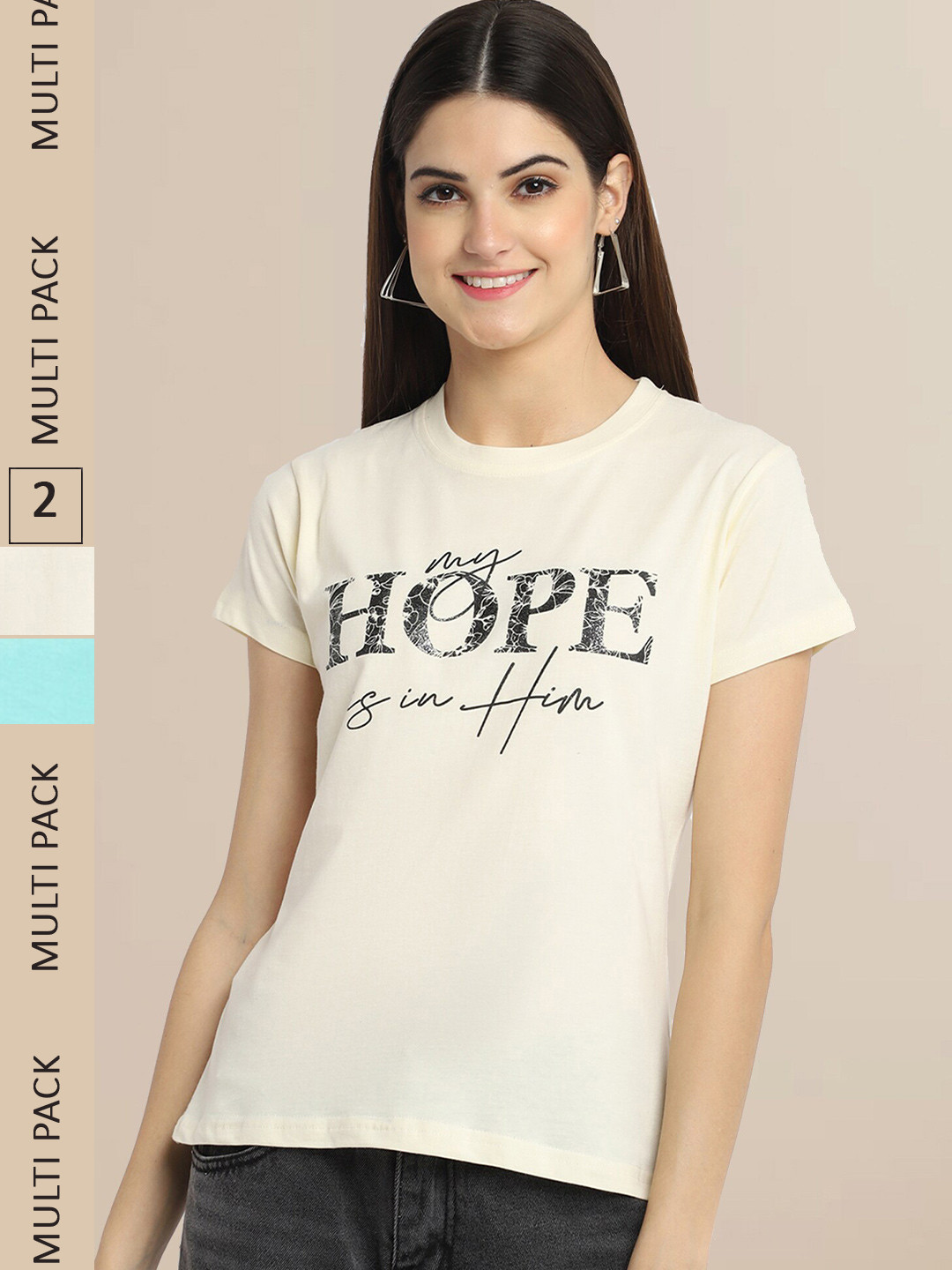 Fabflee Women Blue & Off White Pack of 2 Typography Printed Cotton T-shirt