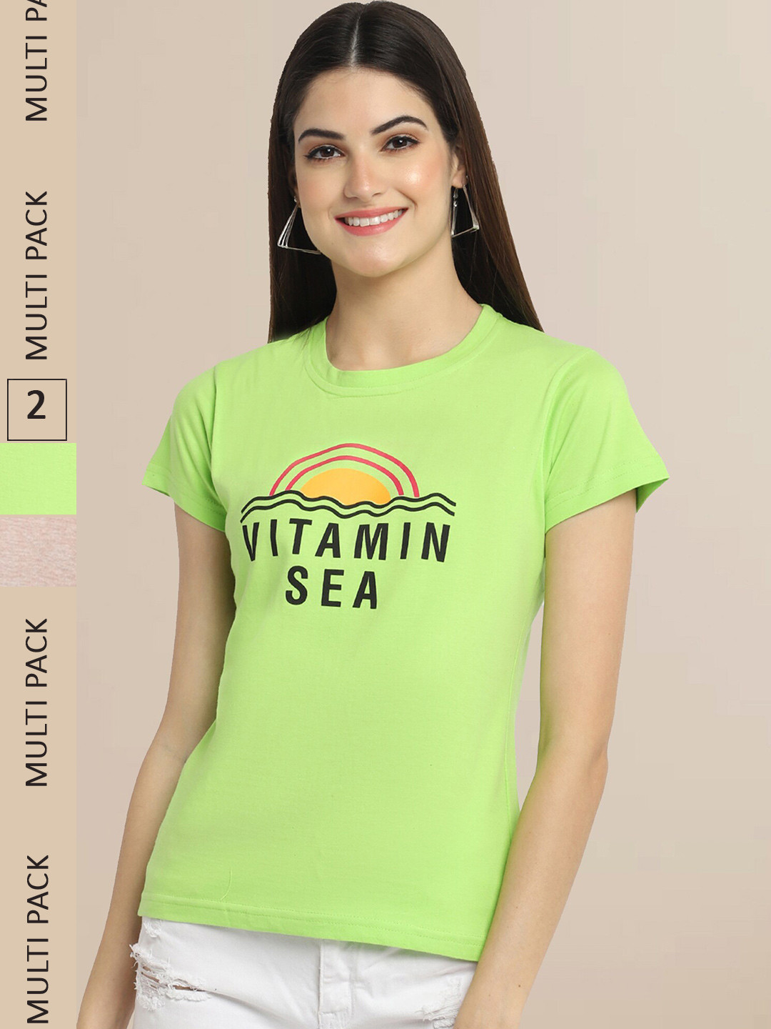 Fabflee Women Peach & Green Pack of 2 Typography Printed Cotton T-shirt