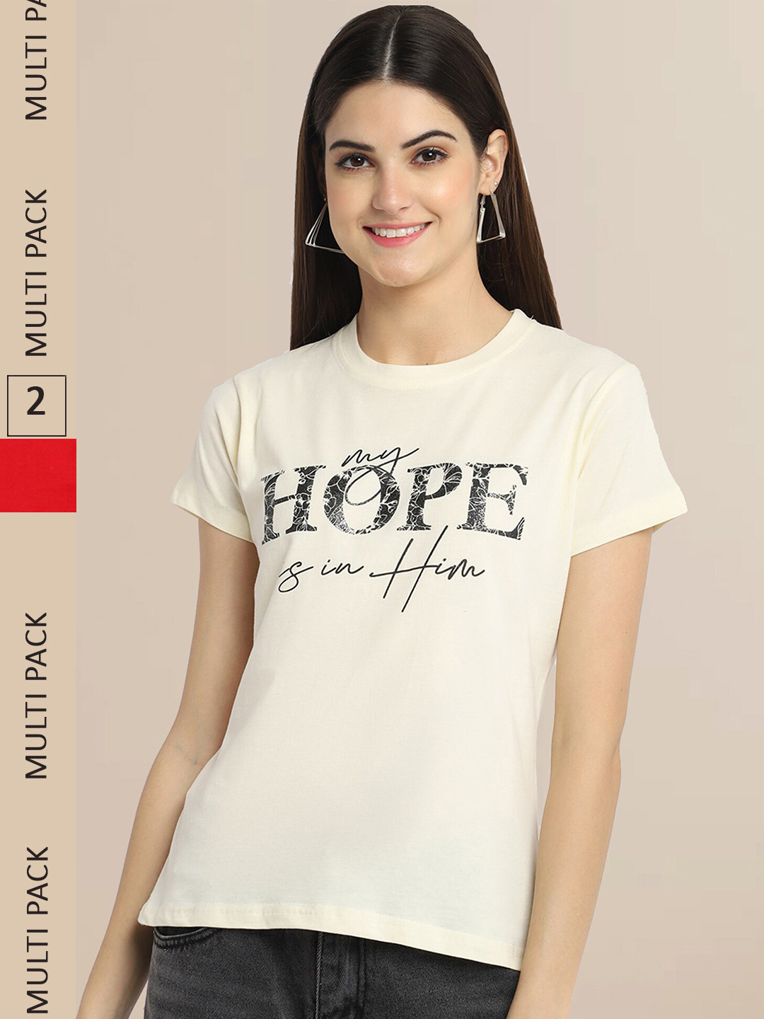 Fabflee Women Off White & Red Pack of 2 Printed Cotton T-shirts