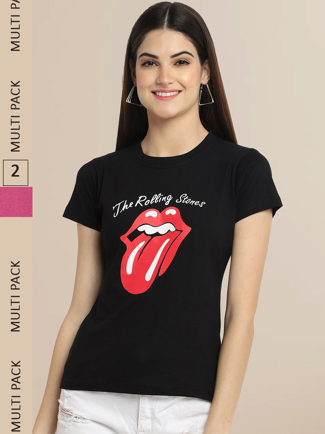 Fabflee Women Black & Pink Pack of 2 Printed Cotton T-shirts