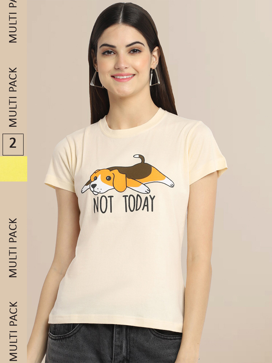 Fabflee Women Yellow & Beige  Pack Of 2 Cotton Printed T-shirt
