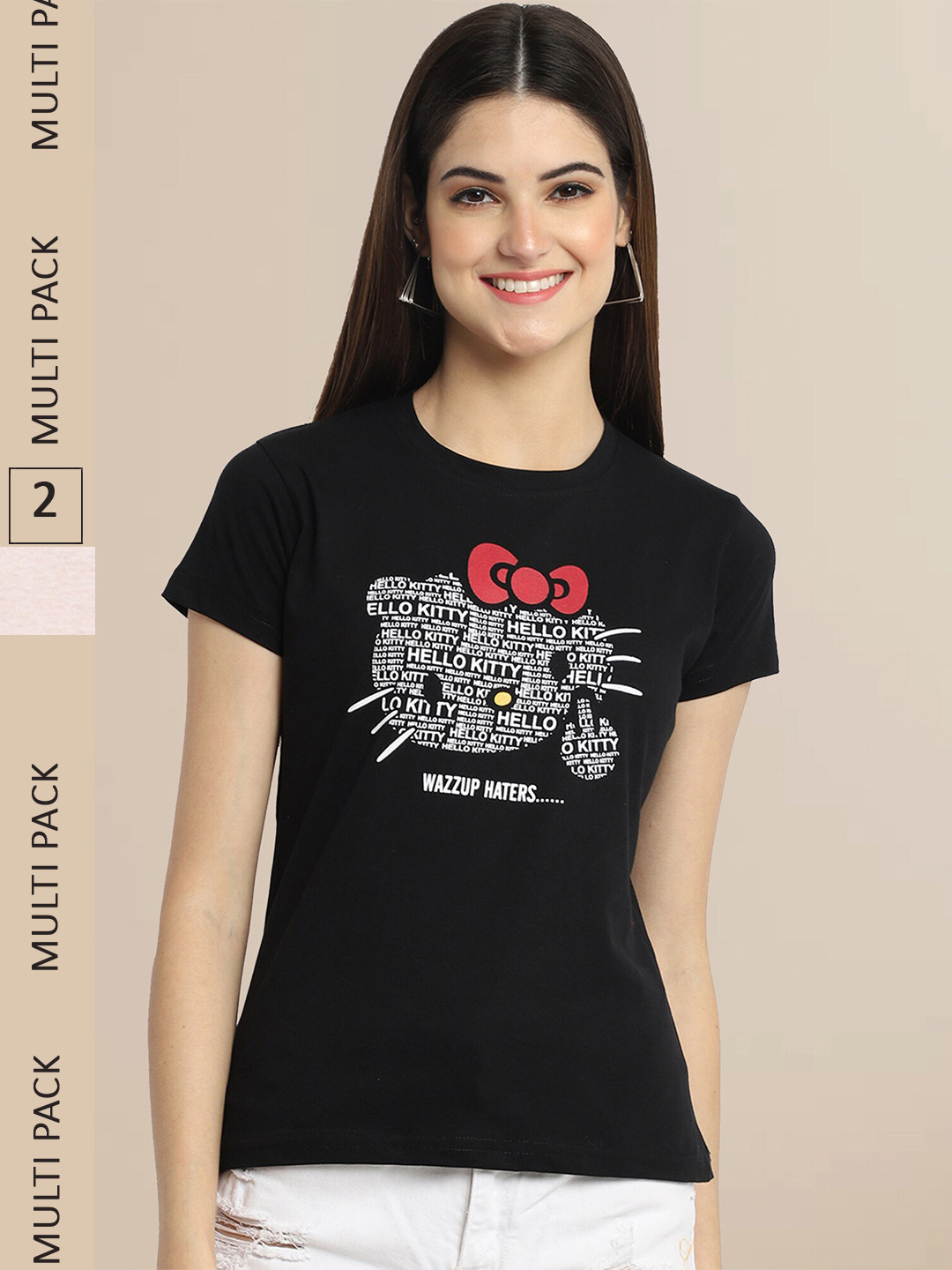 Fabflee Women Black & Beige  Pack Of 2Cotton T-shirt