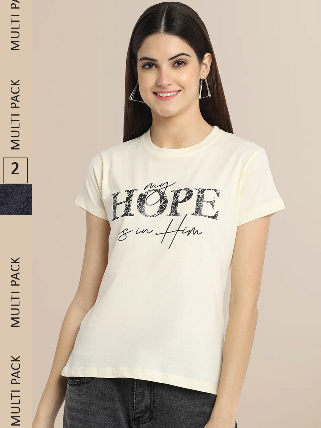 Fabflee Women Beige & Black  Pack Of 2Cotton  Printed T-shirt