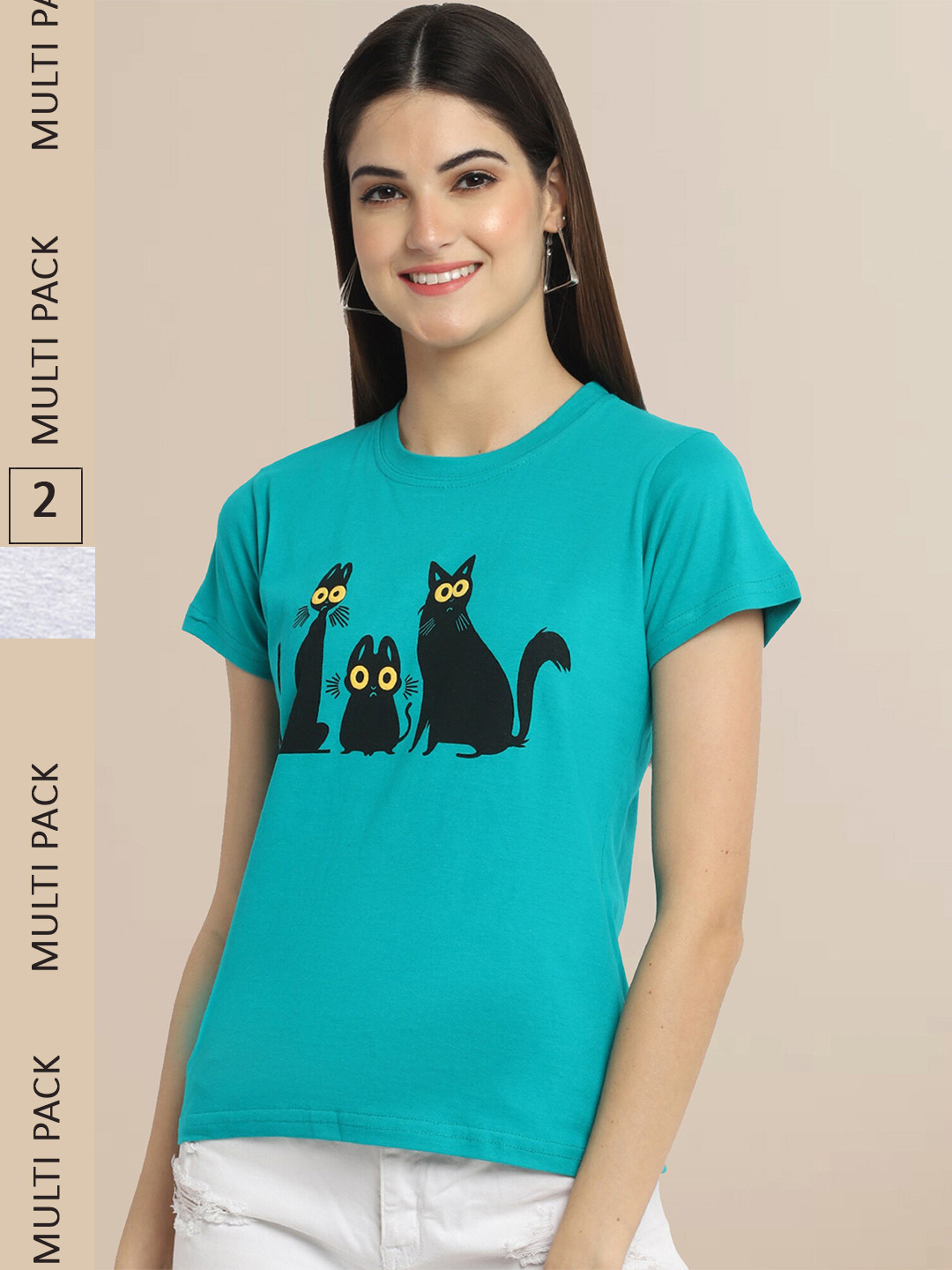 Fabflee Women Green & Turquoise Blue Pack Of 2 Cotton Printed T-shirt