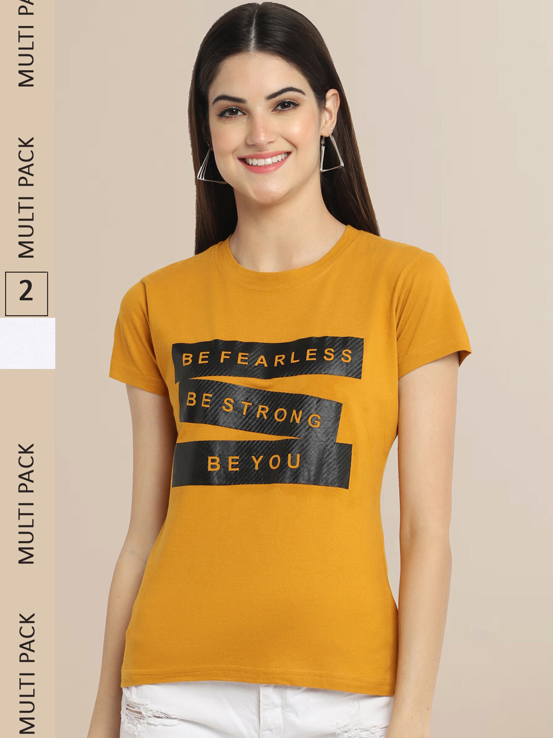 Fabflee Women Mustard Yellow & White Pack Of 2 Cotton Printed T-shirt