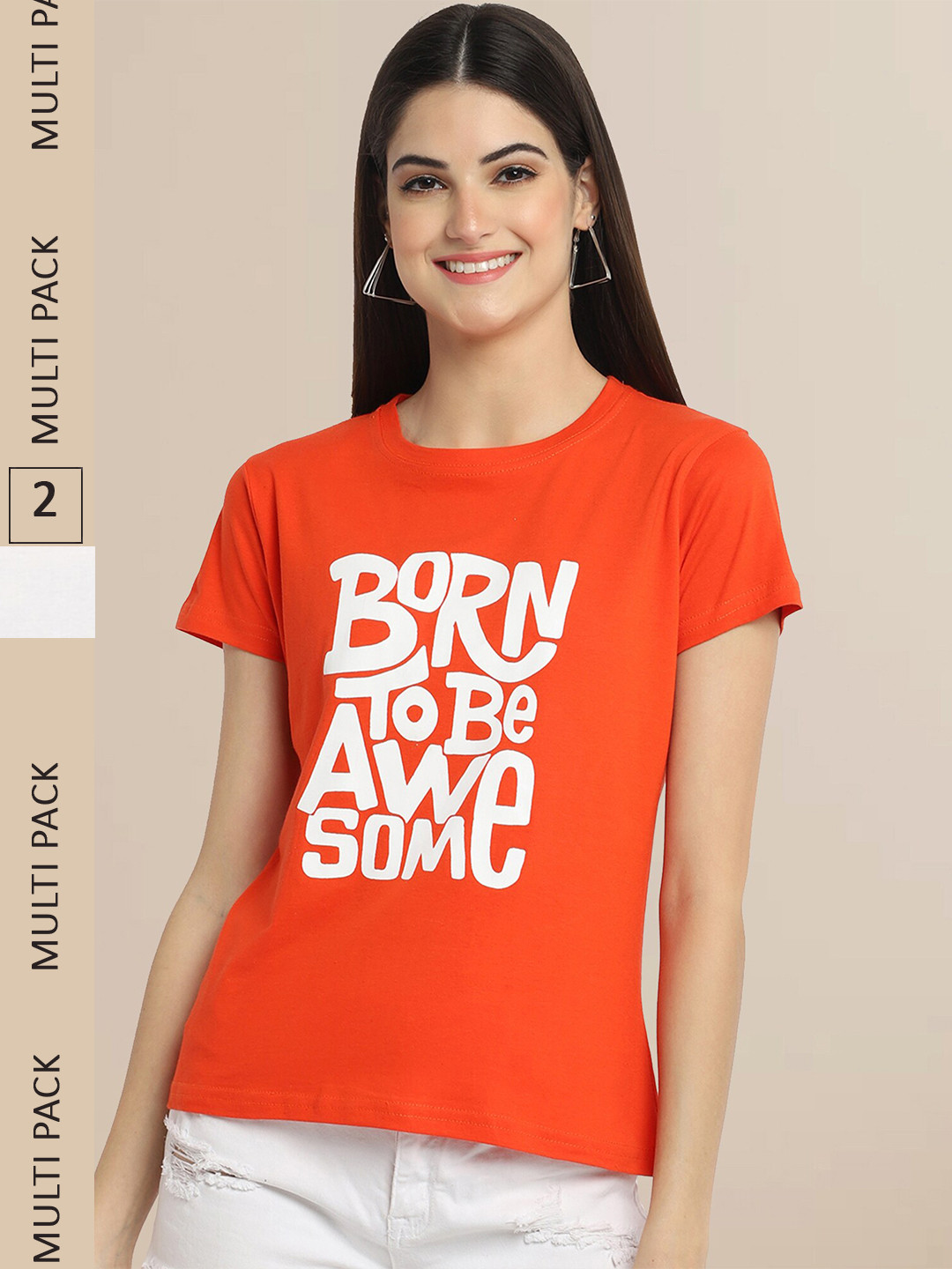 Fabflee Women Red & Off White Pack of 2 Typography Printed Cotton T-shirts