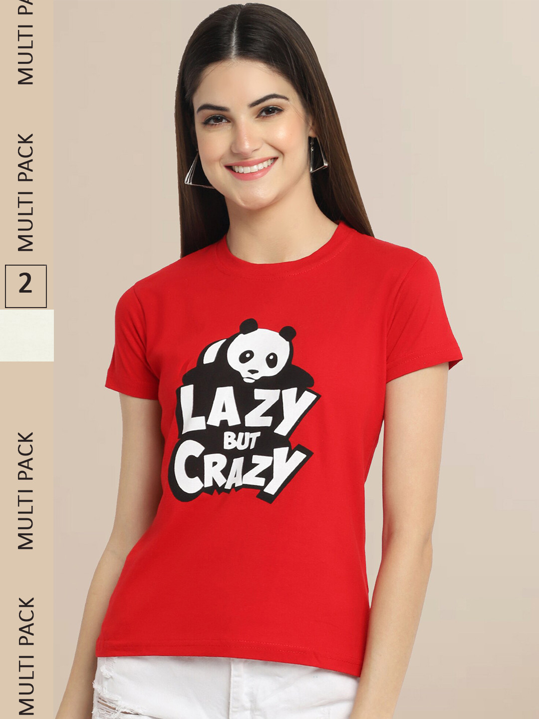 Fabflee Women Red & Off White Pack of 2 Typography  Printed Cotton T-shirts