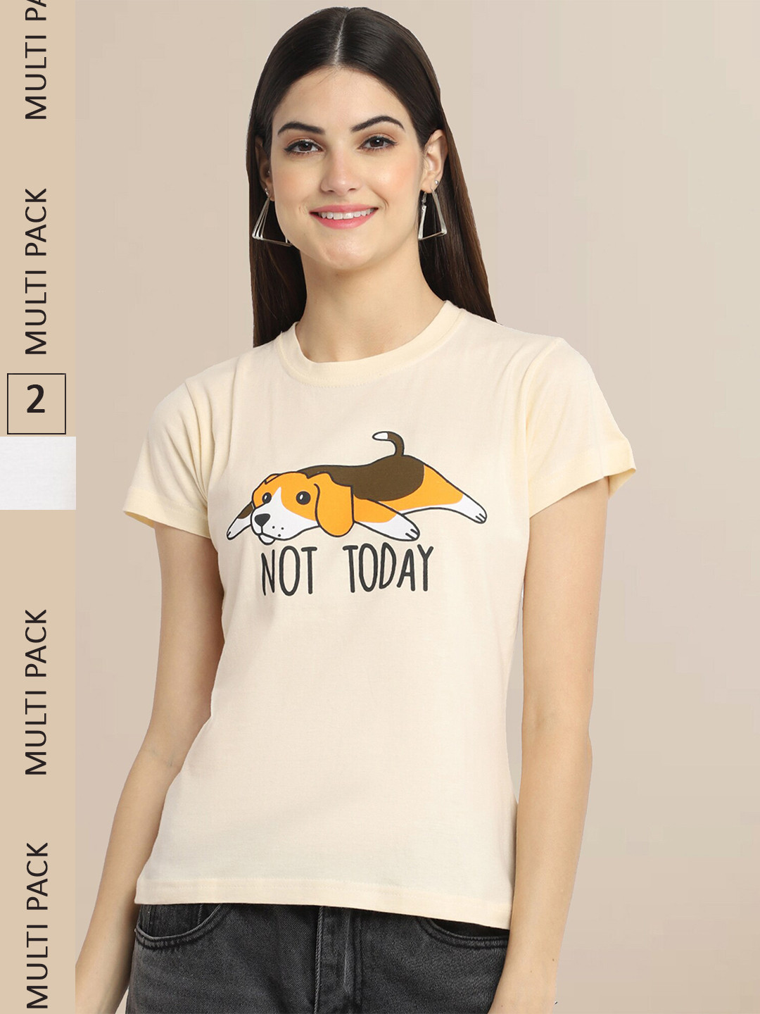 Fabflee Women Beige & White Pack of  Printed Cotton T-shirts