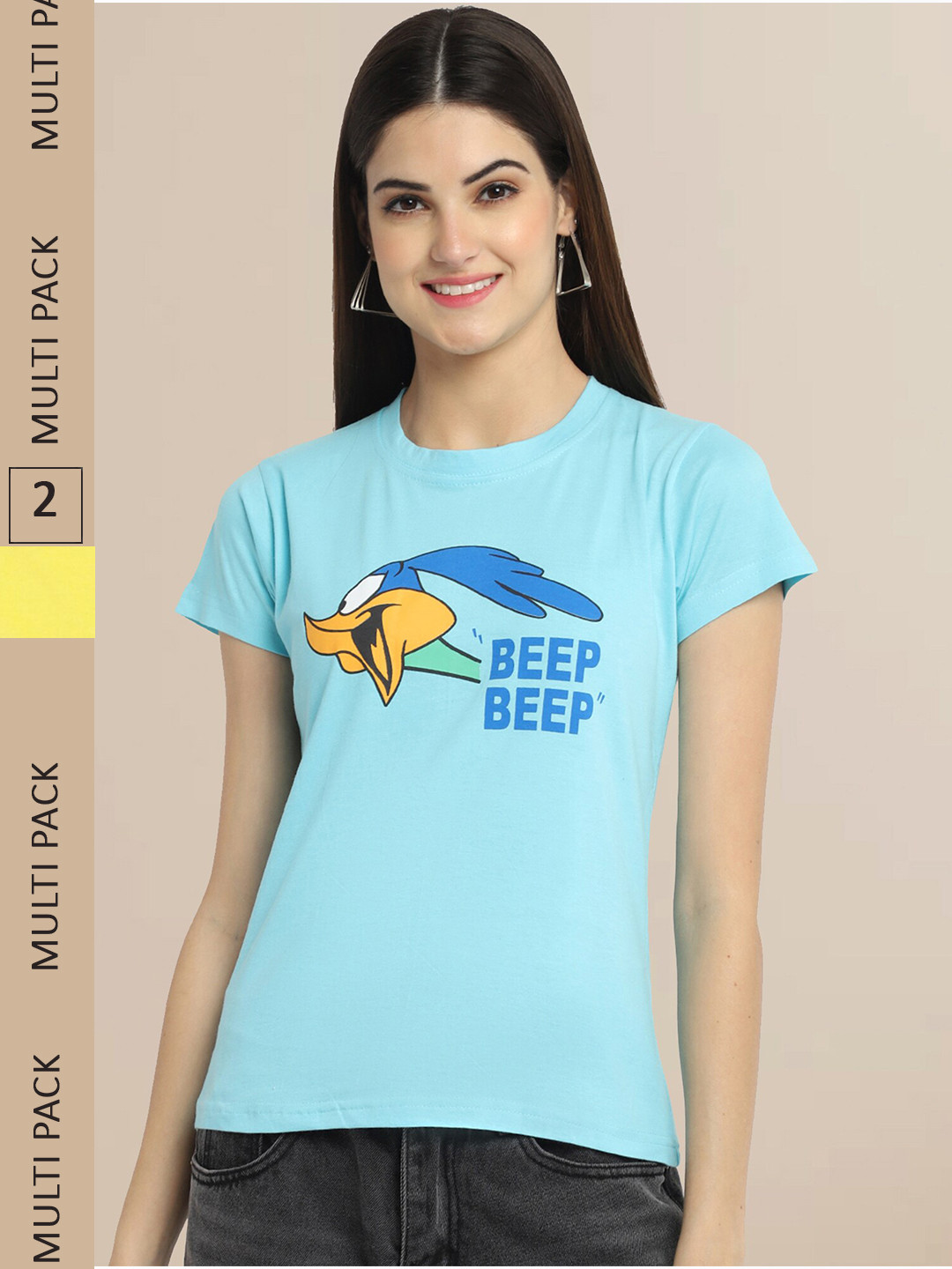 Fabflee Women Blue & Yellow Pack of 2 Printed Cotton T-shirts