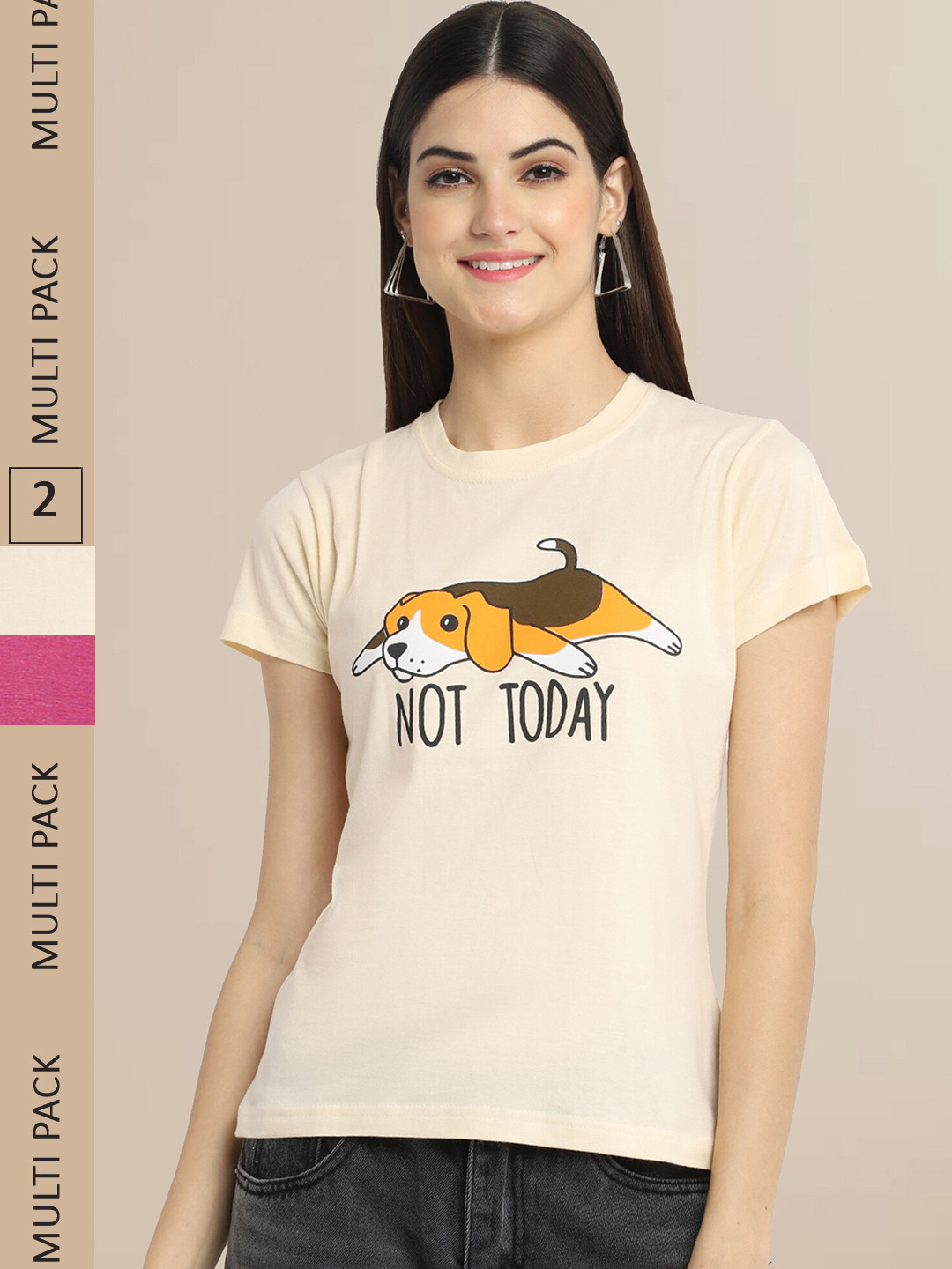 Fabflee Women Beige Pack of 2 Printed Cotton T-shirts