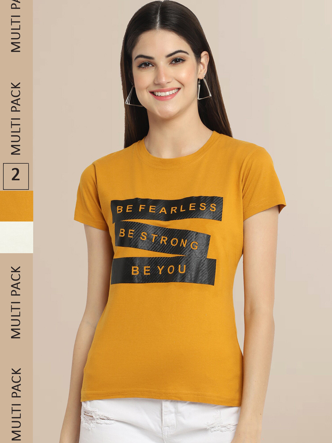 Fabflee Women Pack of 2 Mustard Yellow & Cream-Coloured Printed Cotton T-shirt