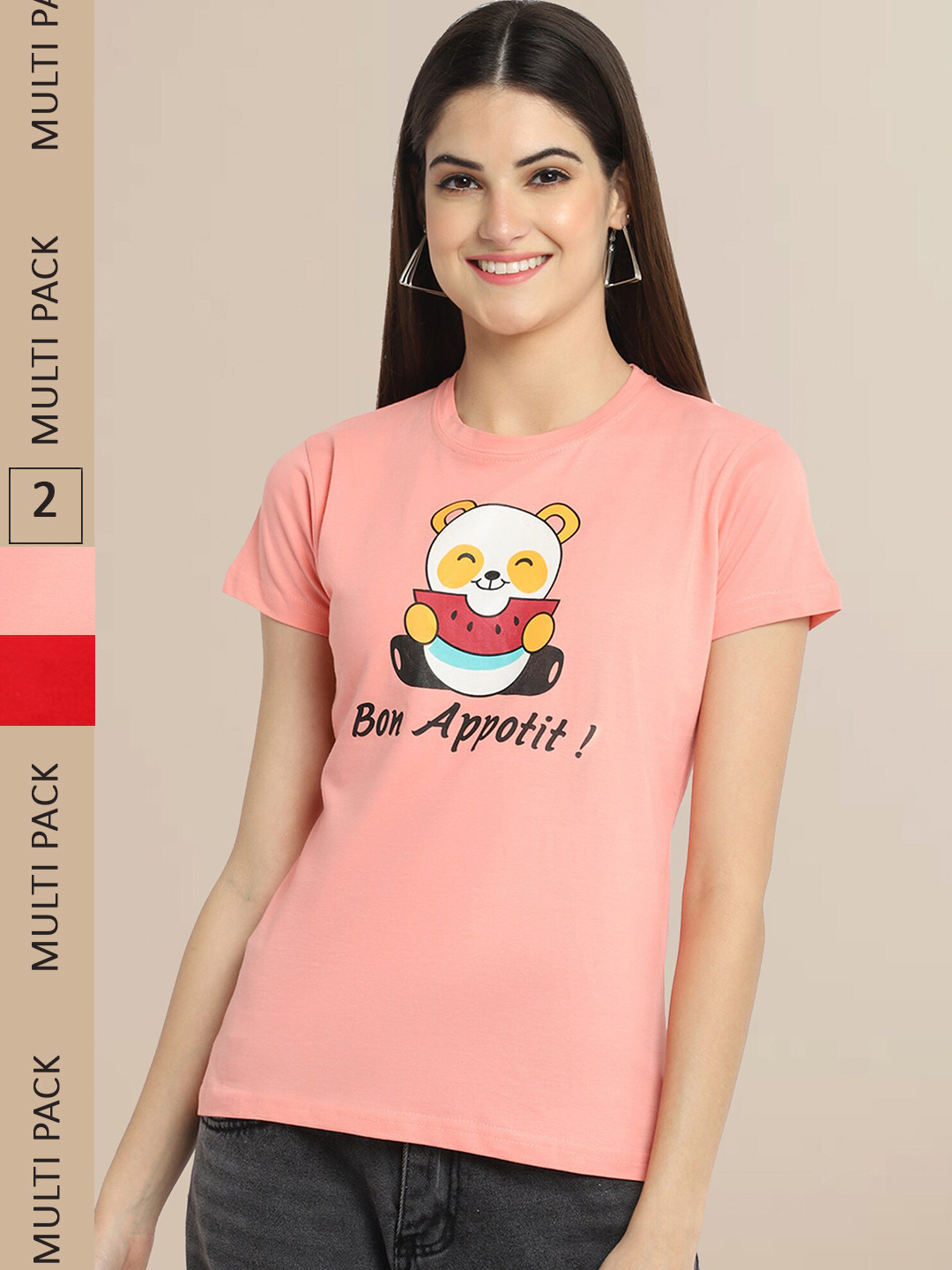 Fabflee Women Pack of 2 Red & Peach-Coloured Printed Cotton T-shirt