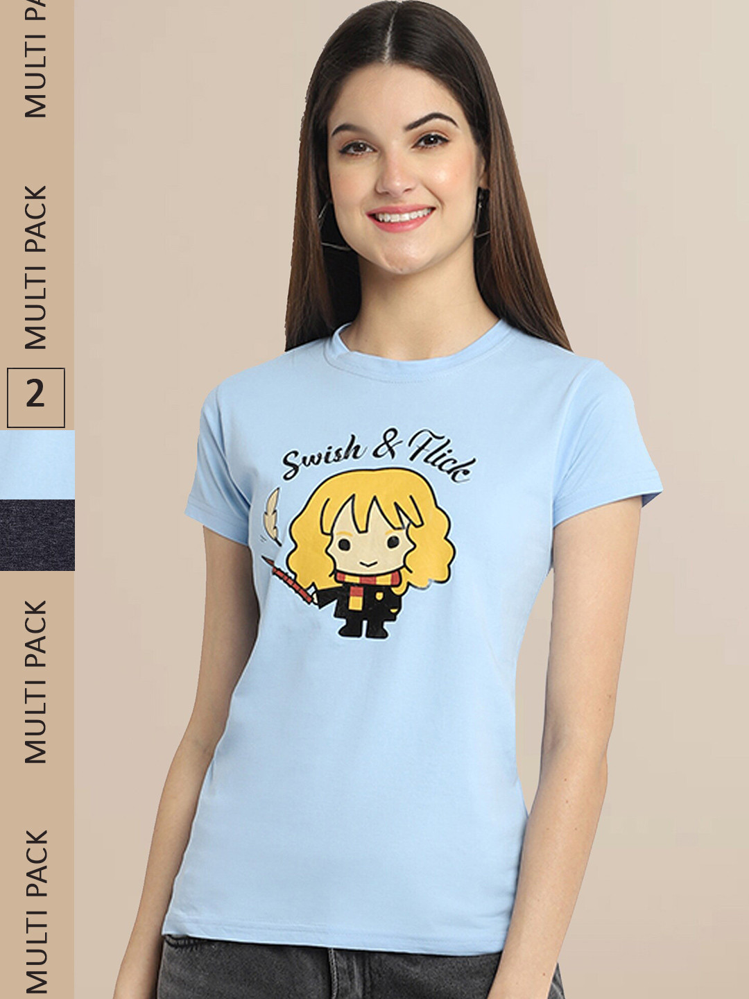 Fabflee Women Pack Of 2 Blue & Black Printed Cotton T-shirt