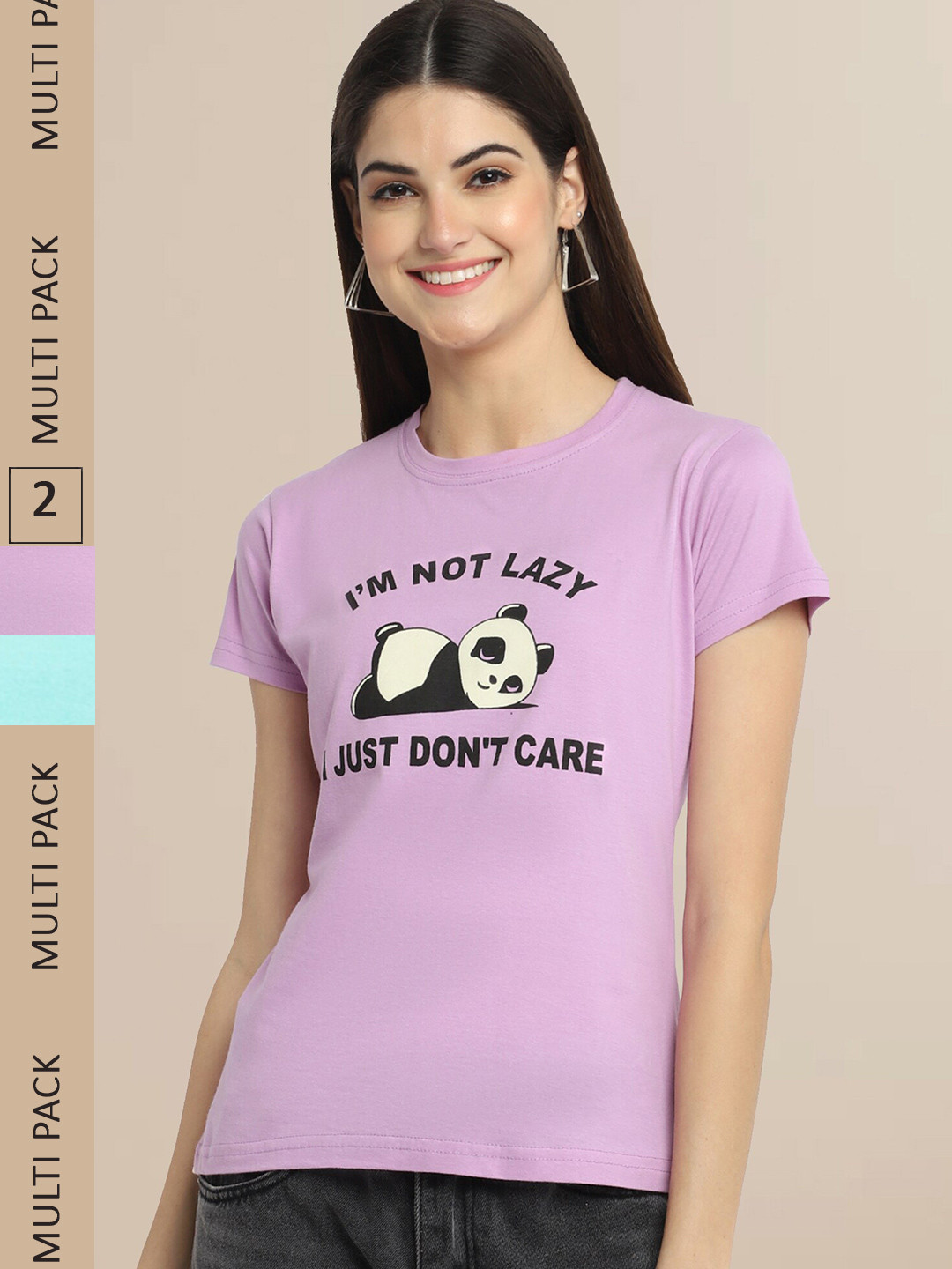 Fabflee Women Pack of 2 Lavender & Sea Green Printed Cotton T-shirt