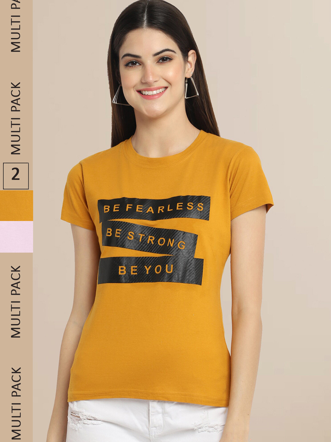 Fabflee Women Pack of 2 Mustard Yellow & Pink Printed Cotton T-shirt