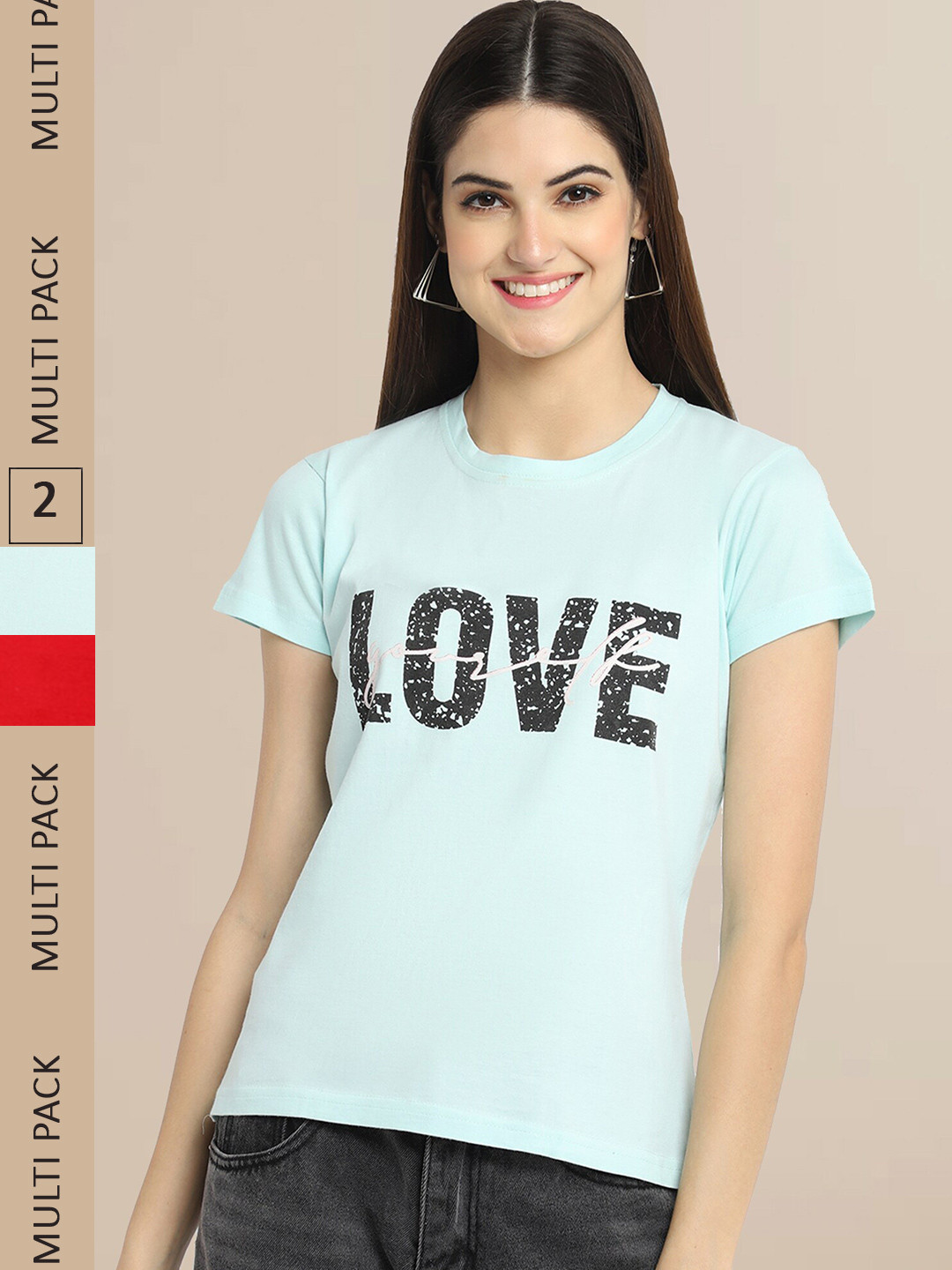 Fabflee Women Pack of 2 Sea Green & Red Typography Printed Cotton T-shirt