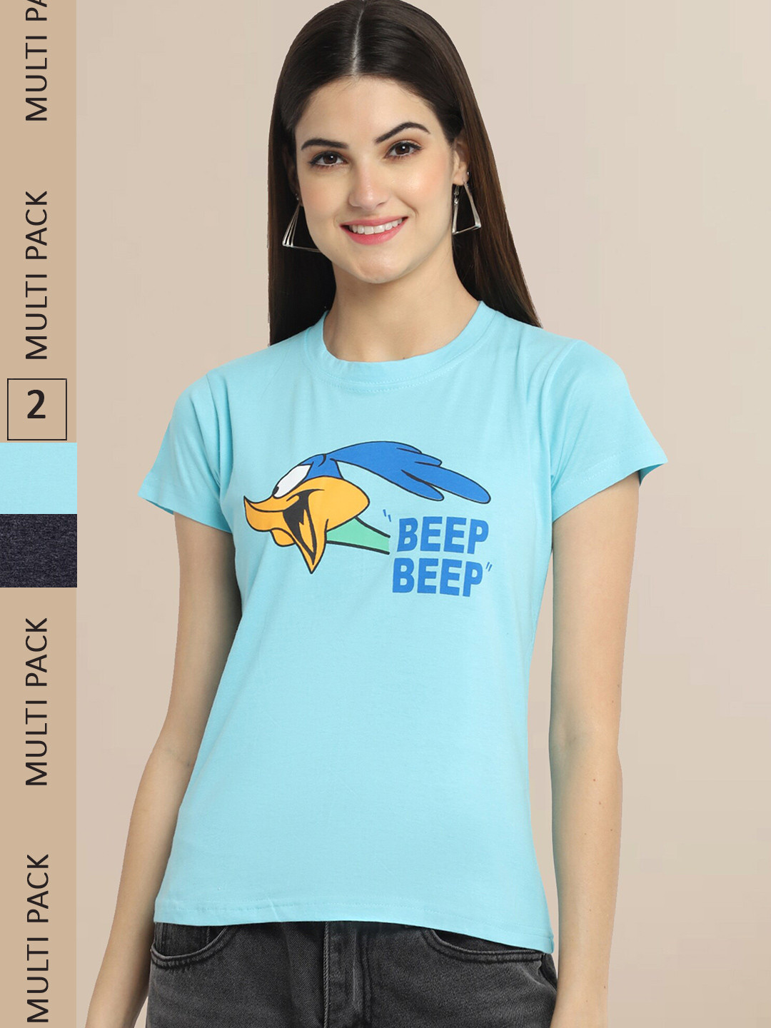 Fabflee Women Pack Of 2 Blue & Black Printed Cotton T-shirt