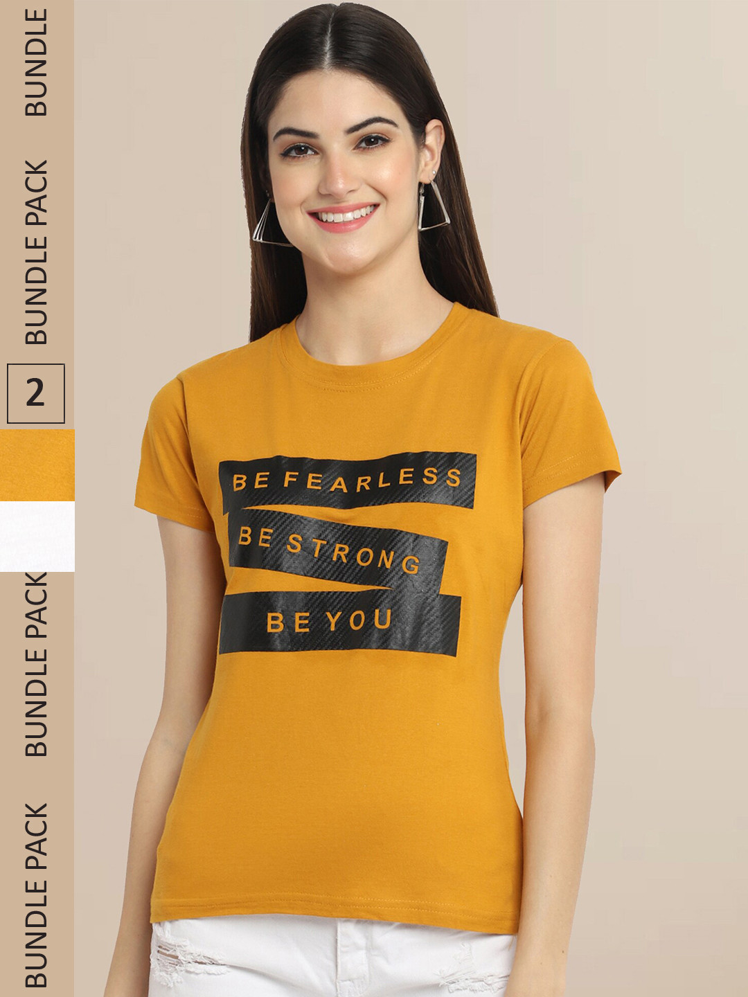 Fabflee Women White & Mustard Yellow Pack of 2 Graphic Printed Cotton T-shirt