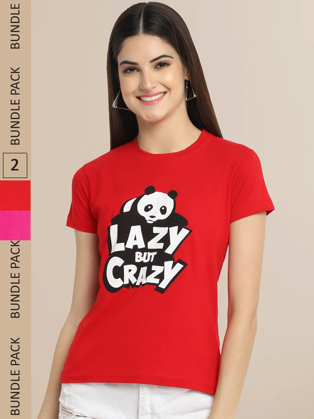 Fabflee Women Red & Pink Pack of 2 Graphic Printed Cotton T-shirt