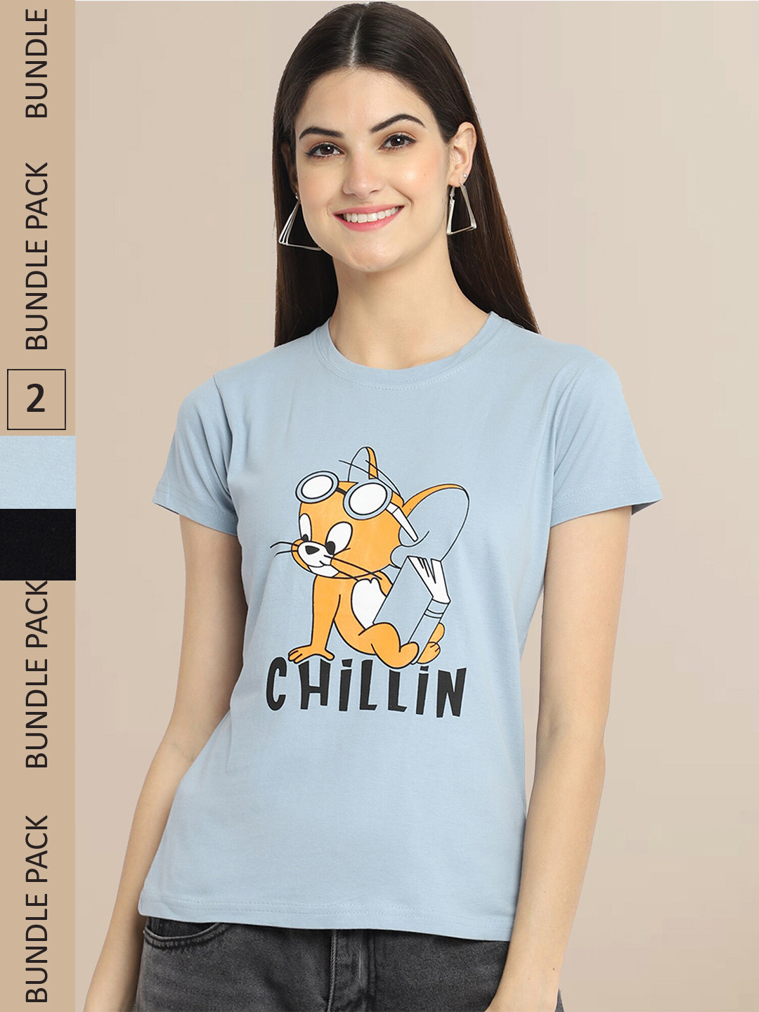 Fabflee Women Blue & Black Pack of 2 Graphic Printed Cotton T-shirt