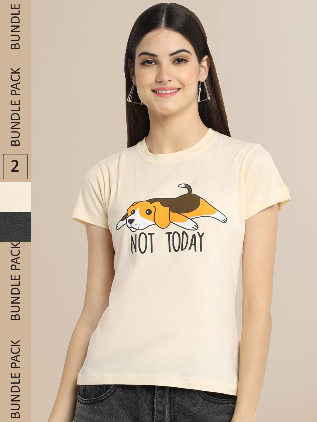 Fabflee Women Charcoal & Cream Pack of 2 Graphic Printed Cotton T-shirt