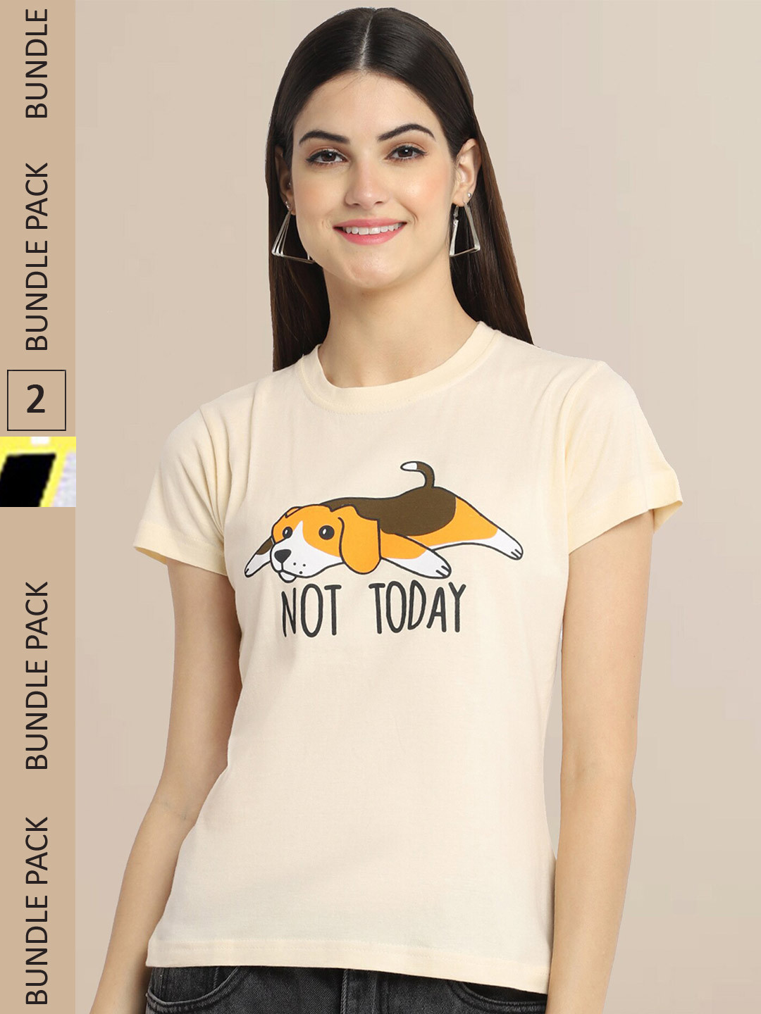 Fabflee Women Beige & Grey Melange Pack of 2 Graphic Printed Cotton T-shirt