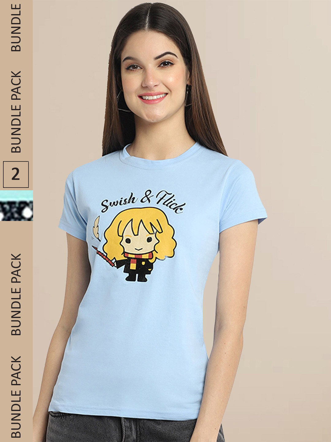 Fabflee Women Blue & Sea Green Pack of 2 Graphic Printed Cotton T-shirt