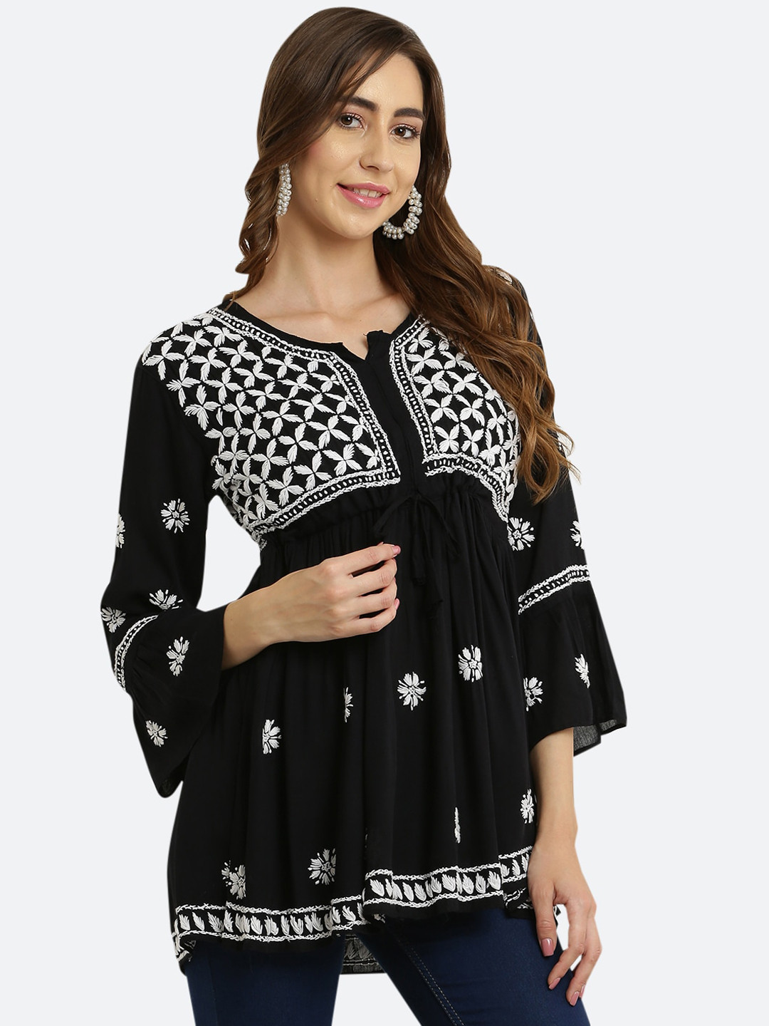 FAWOMENT Black & vampire black Viscose Rayon Embroidered Tunic