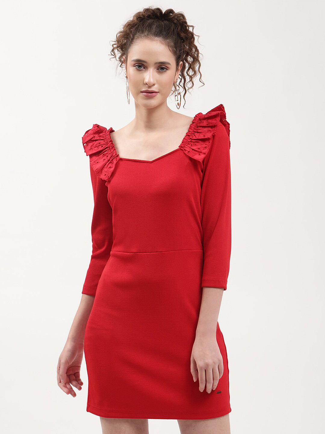 ELLE Red Long Sleeves Sheath Mini Cotton Dress