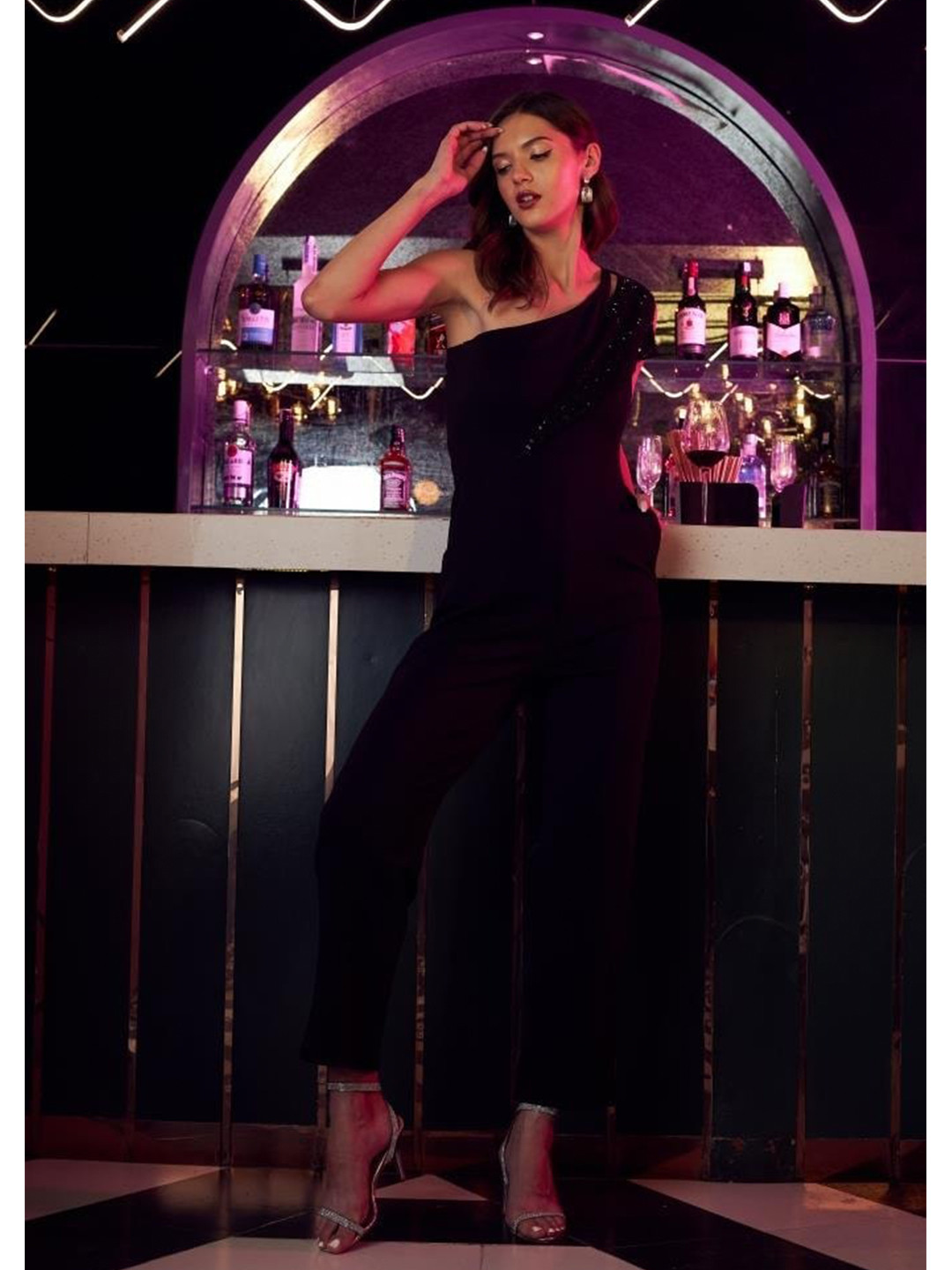 Athena Black One Shoulder Basic Jumpsuit with Embellished