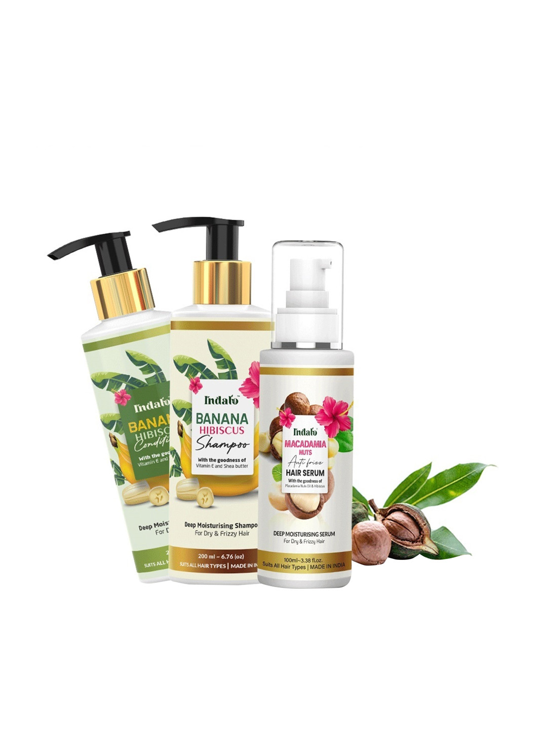 INDALO Set Of 3 Banana Hibiscus Shampoo & Conditioner with Macadamia Nuts Anti-Frizz Hair Serum 500ml