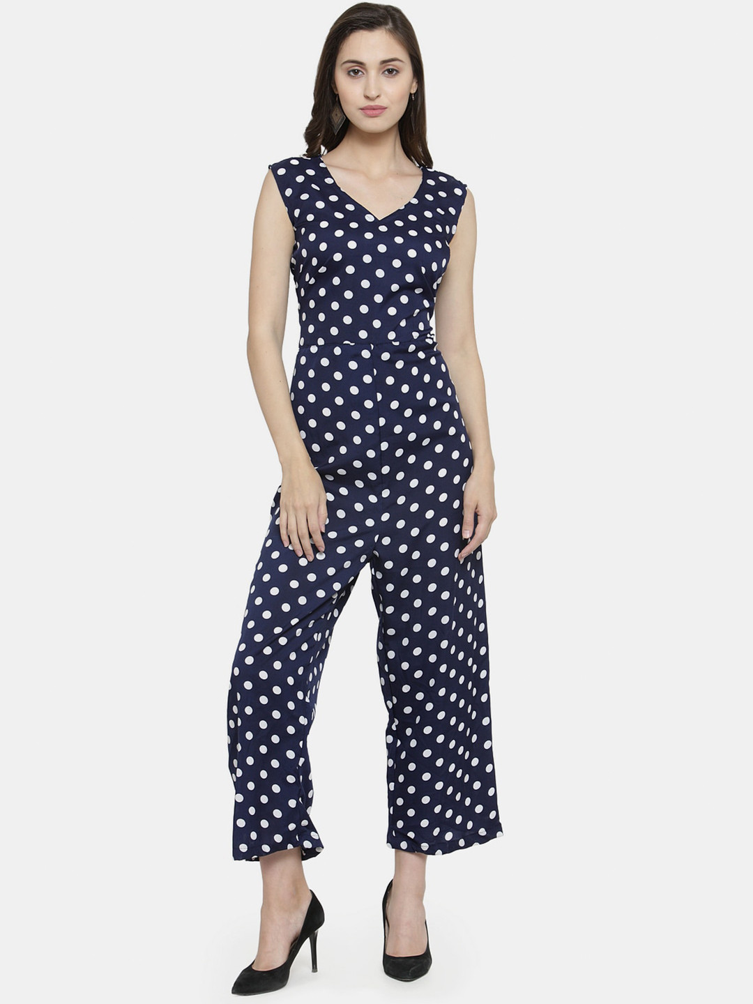 Enchanted Drapes Navy Blue & White Printed Basic Jumpsuit
