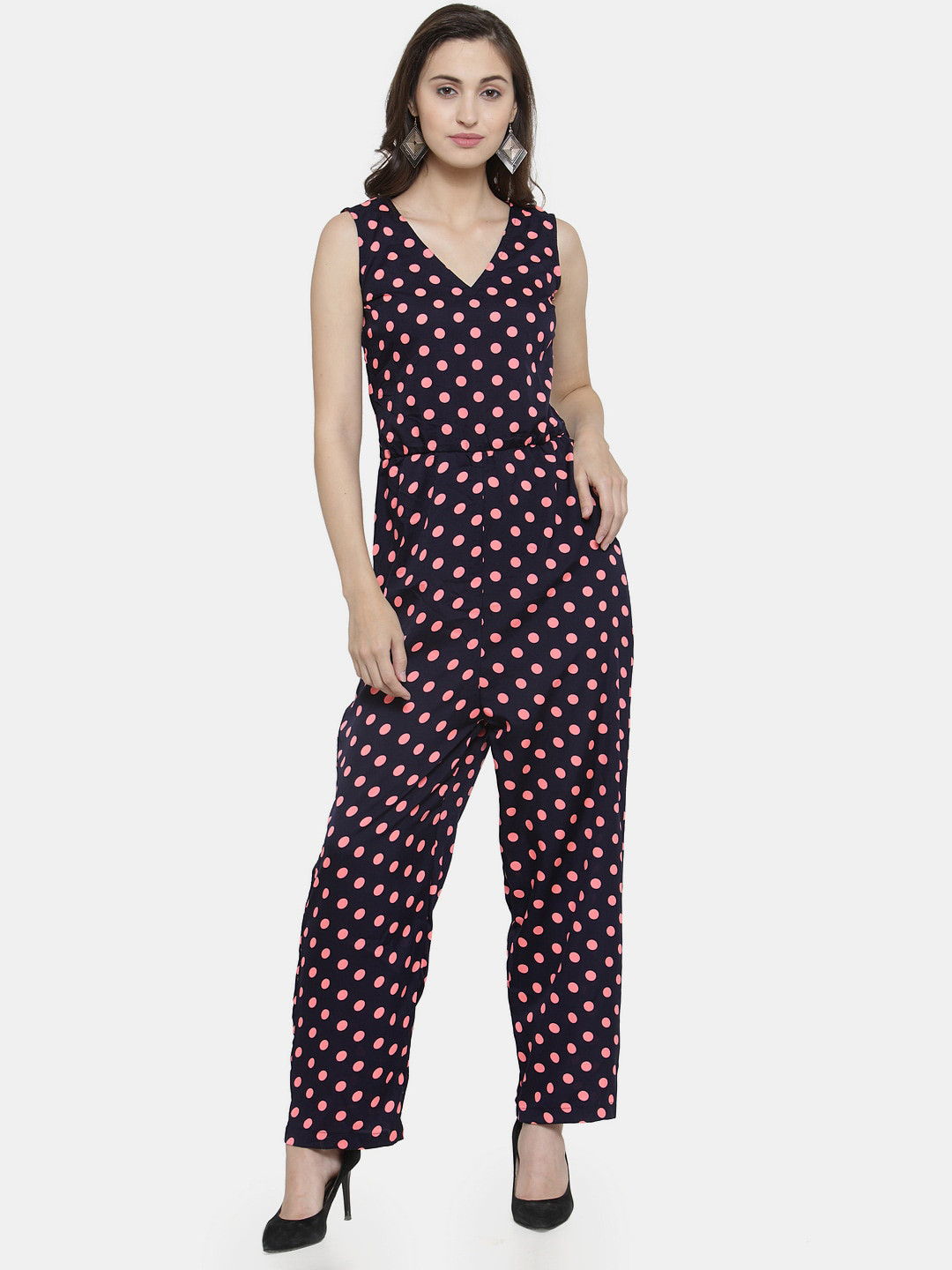 Enchanted Drapes Navy Blue & Peach-Coloured Printed Basic Jumpsuit
